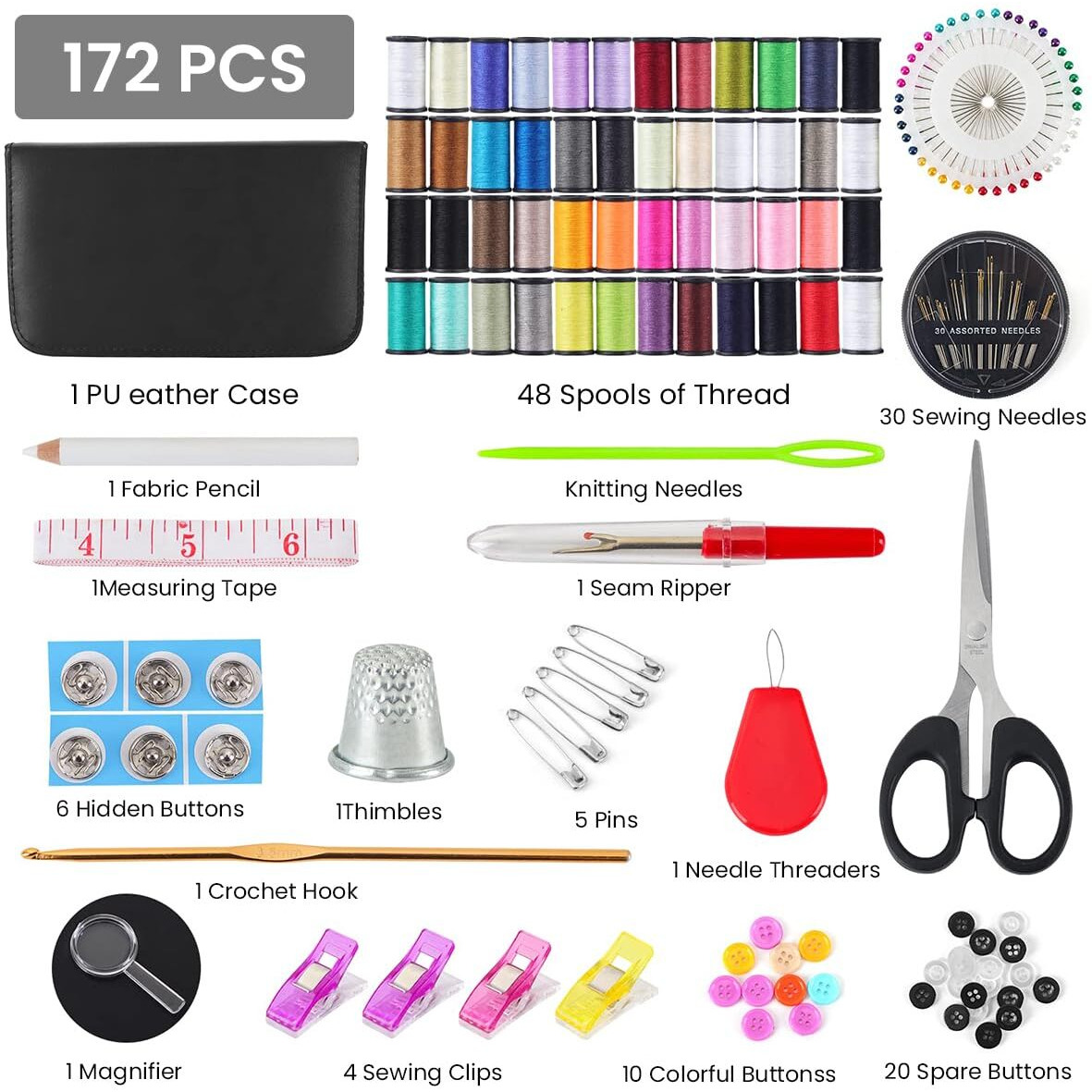 Elephantboat 172Pcs Sewing Kit With Stitching Needle Tool, Multi Color Threads, Scissors, Thimble, Threader, Tape Measure - Diy Home And Travel Sewing Bag