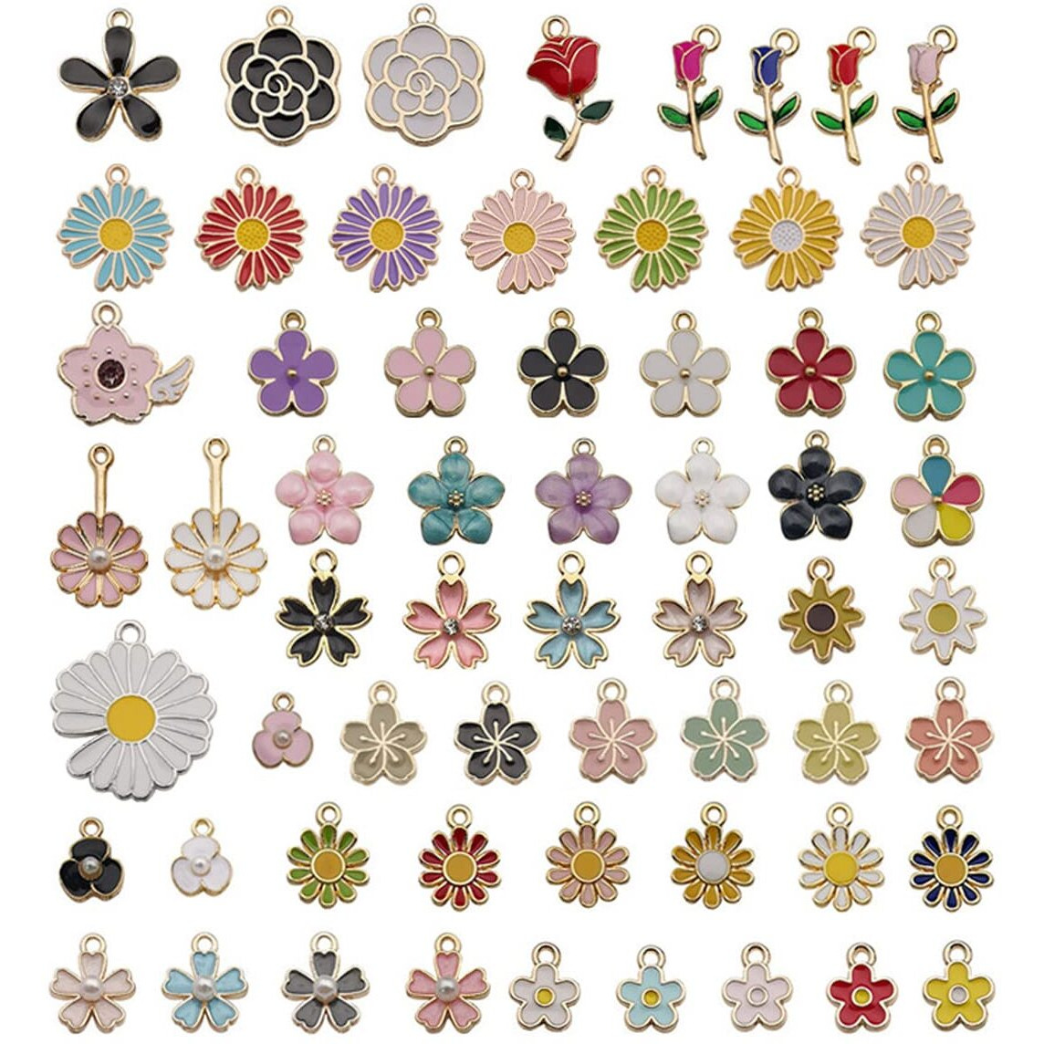 Maycreate 60Pcs Assorted Gold Plated Enamel Pendants, Floral Themed Flower Charms For Jewelry, Bracelet, Earring, Necklace, Keychain Diy Jewelry Accessories Charms