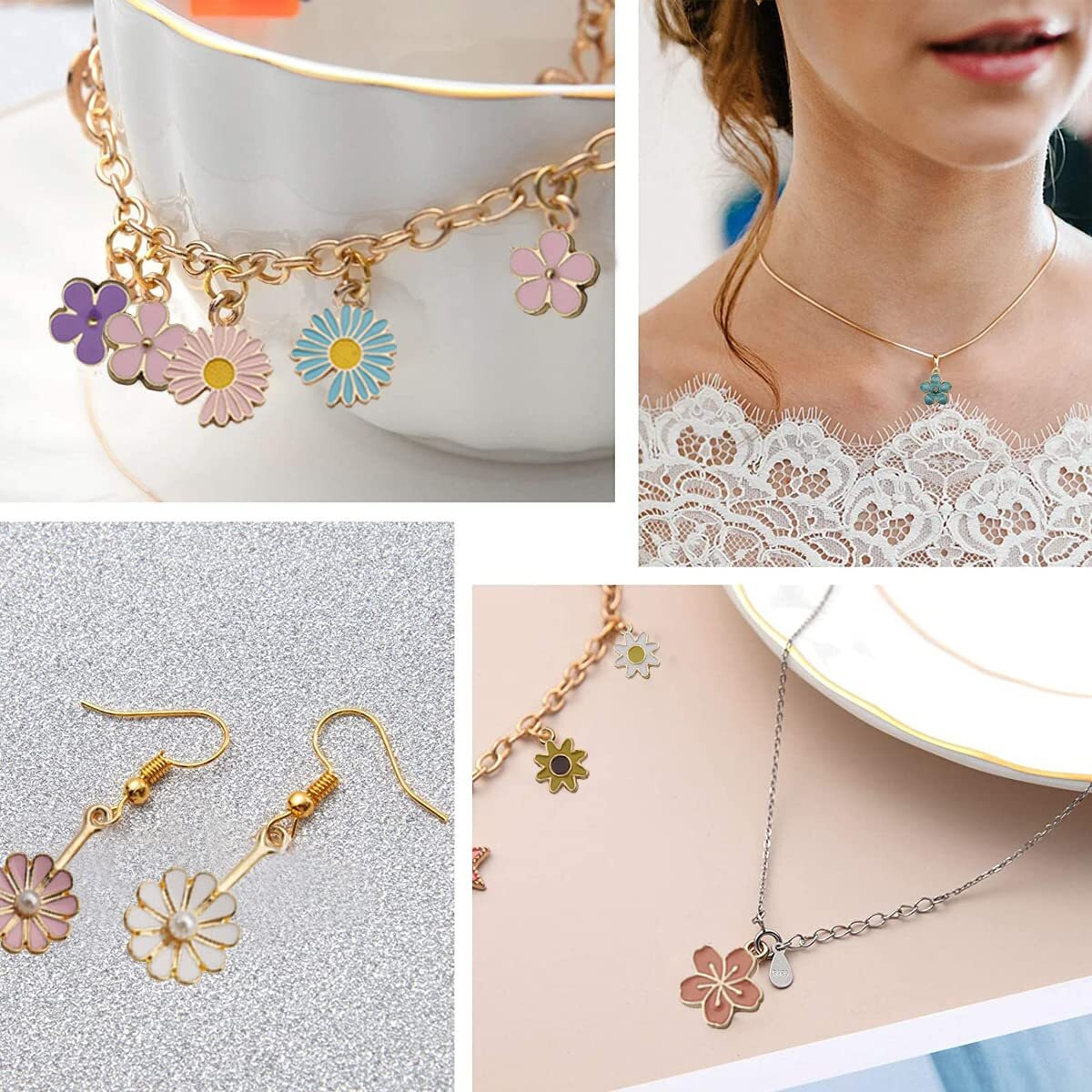 Maycreate 60Pcs Assorted Gold Plated Enamel Pendants, Floral Themed Flower Charms For Jewelry, Bracelet, Earring, Necklace, Keychain Diy Jewelry Accessories Charms