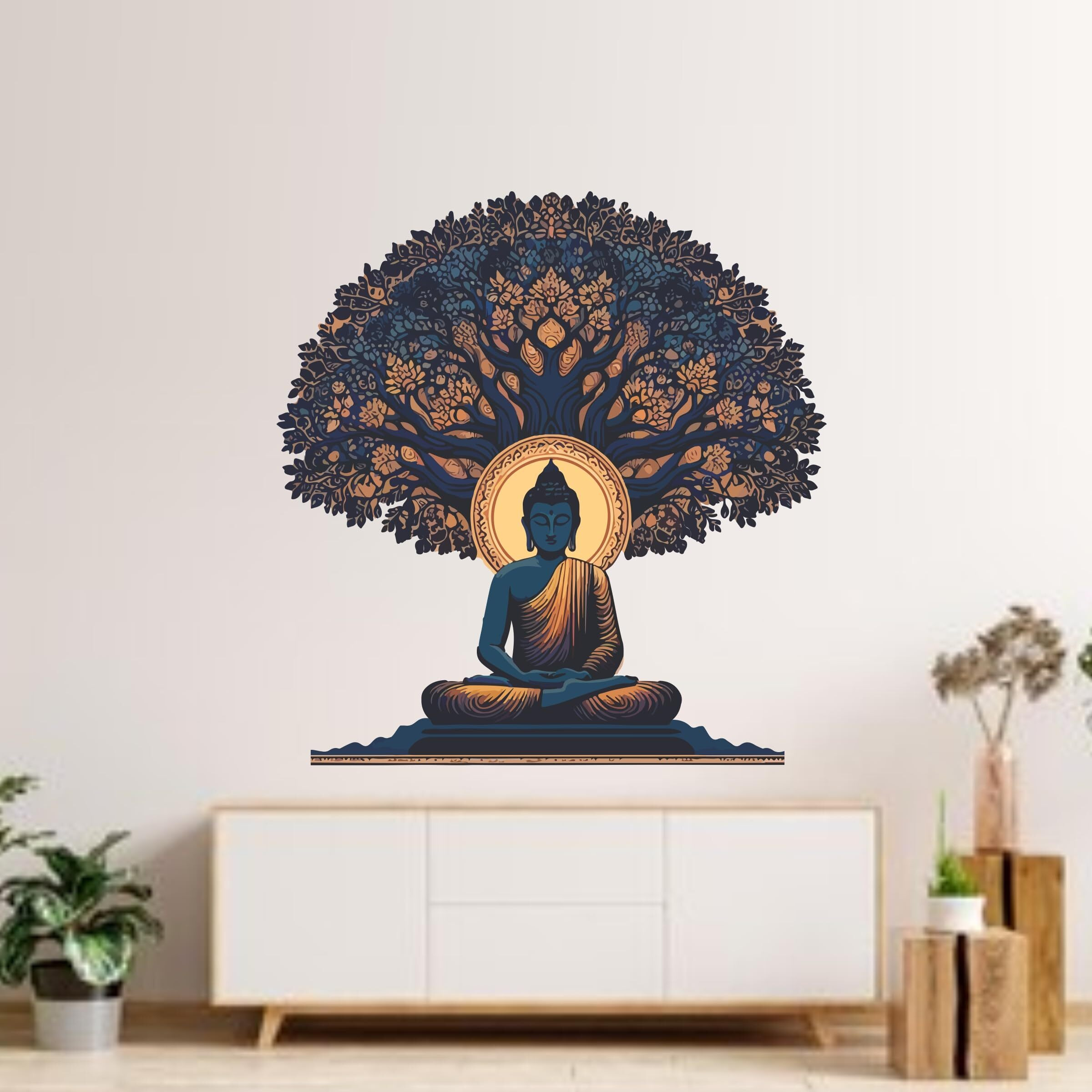 Creative Edge Buddha Under Kalpa Tree Wall Sticker Multicolor Decorative Vinyl Self Adhesive Wall Art For Home Living Room Bedroom Meditation Space For Peaceful Decor (61 Cm X 58 Cm)
