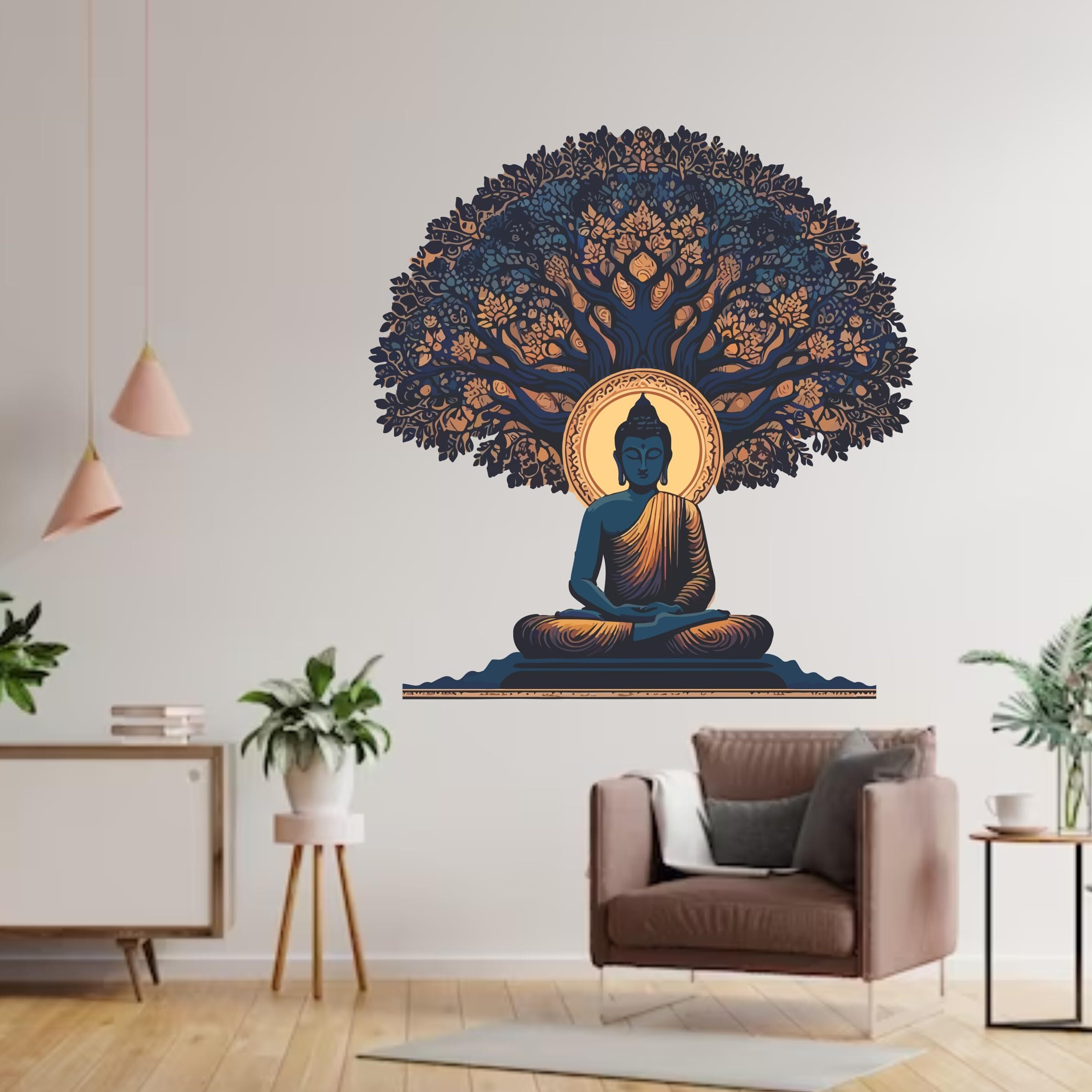 Creative Edge Buddha Under Kalpa Tree Wall Sticker Multicolor Decorative Vinyl Self Adhesive Wall Art For Home Living Room Bedroom Meditation Space For Peaceful Decor (61 Cm X 58 Cm)