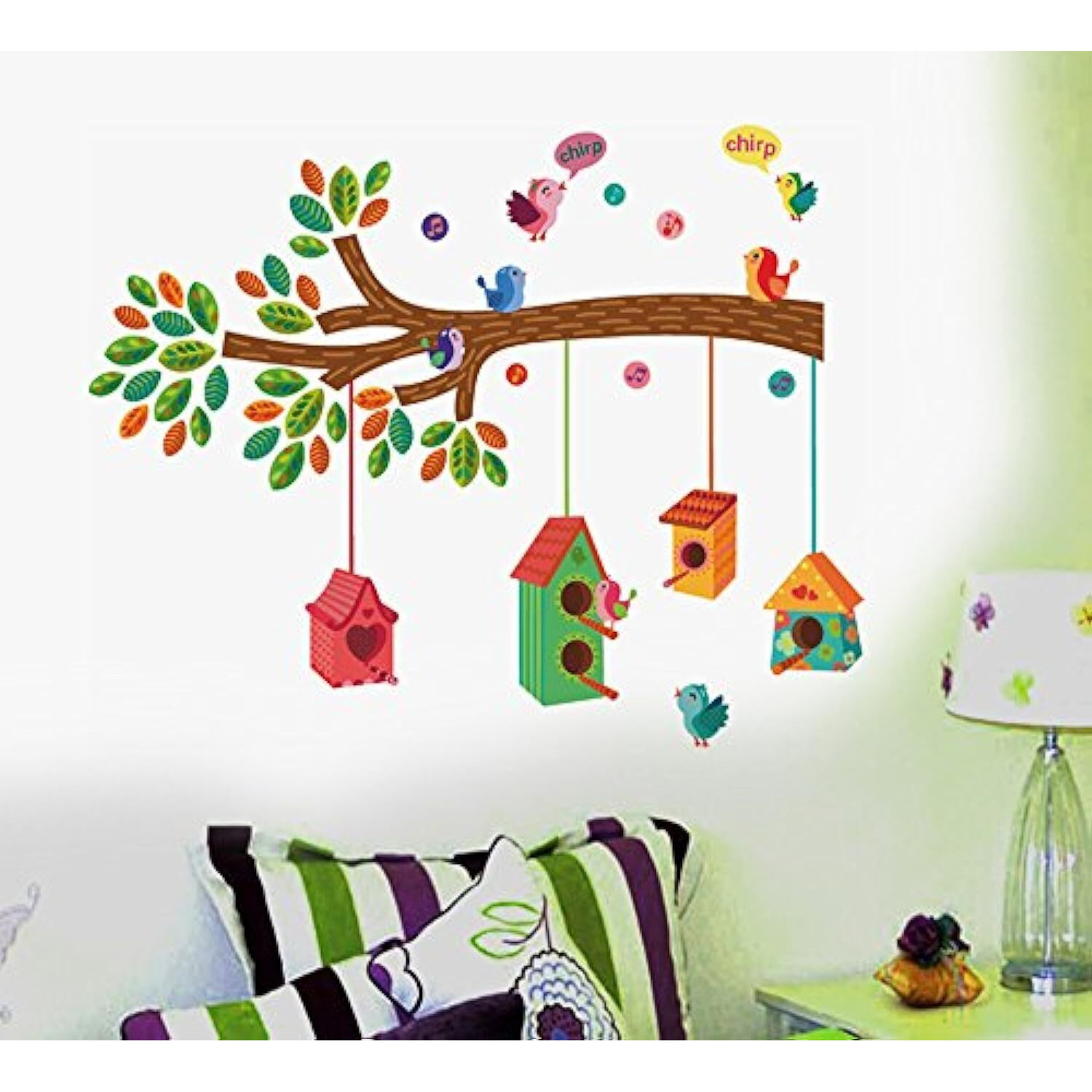Decals Design ' Bird House On A Branch' Wall Sticker (Pvc Vinyl, 70 Cm X 25 Cm, Multicolour)