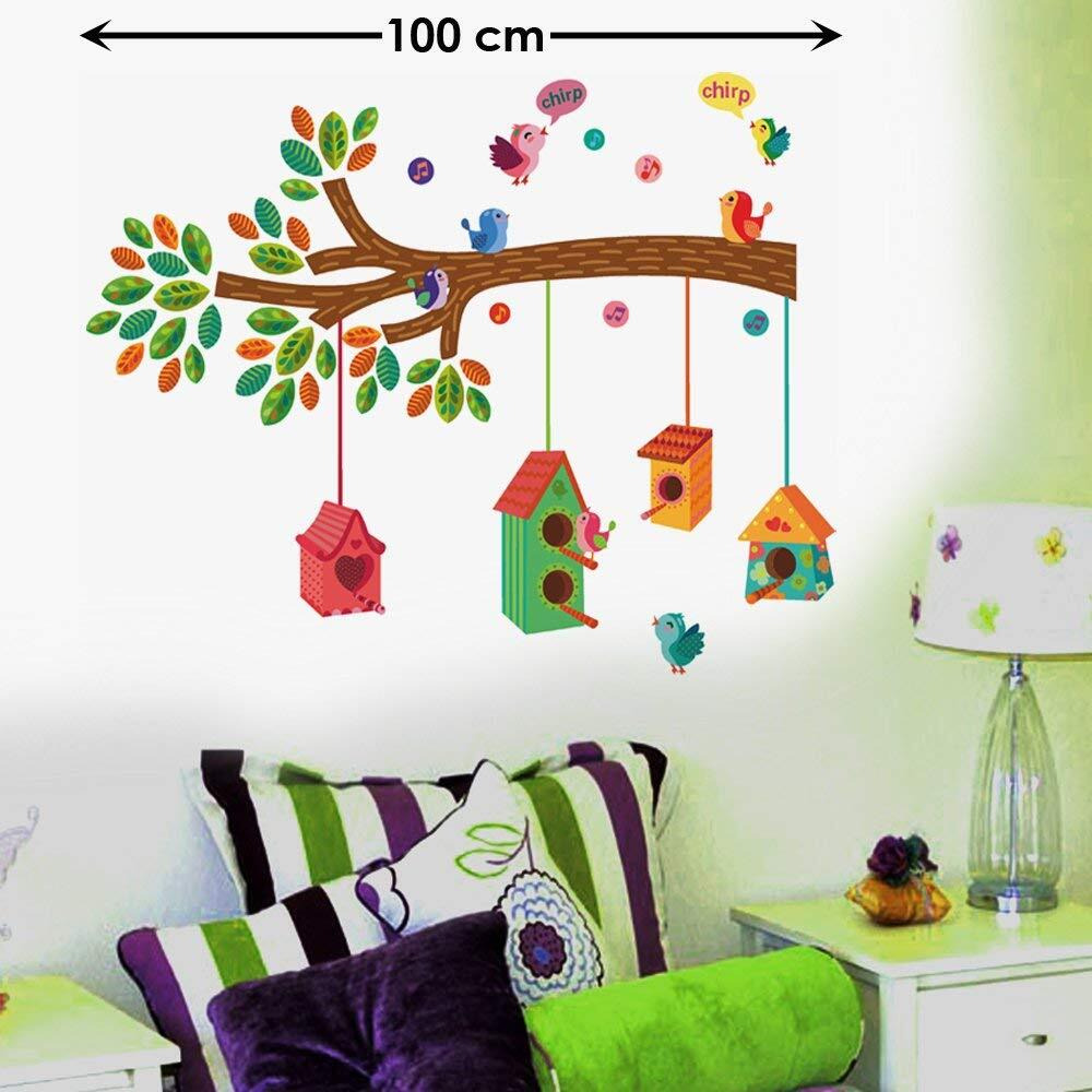 Decals Design ' Bird House On A Branch' Wall Sticker (Pvc Vinyl, 70 Cm X 25 Cm, Multicolour)