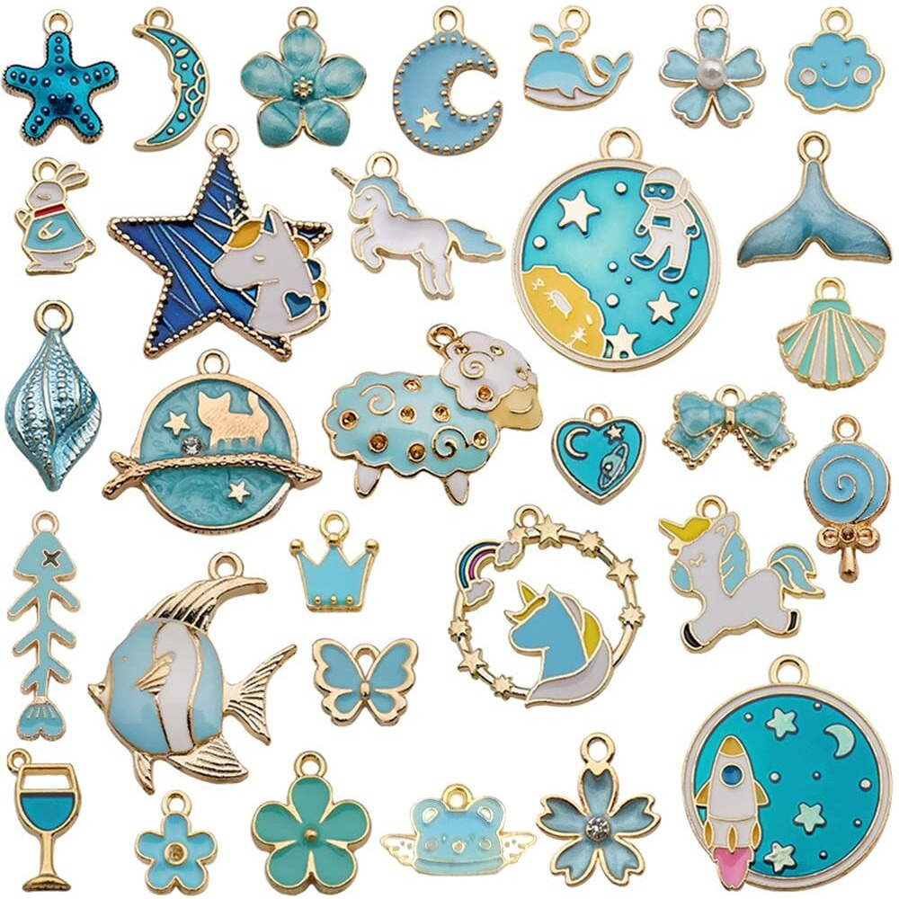 Zibuyu Pendant Charms For Jewelery Making Kit Assorted Cartoon Blue Enamel Gold Plated Charms Pendants For Diy Charms Necklace Bracelets For Making Jewelry And Crafting - 31 Pcs