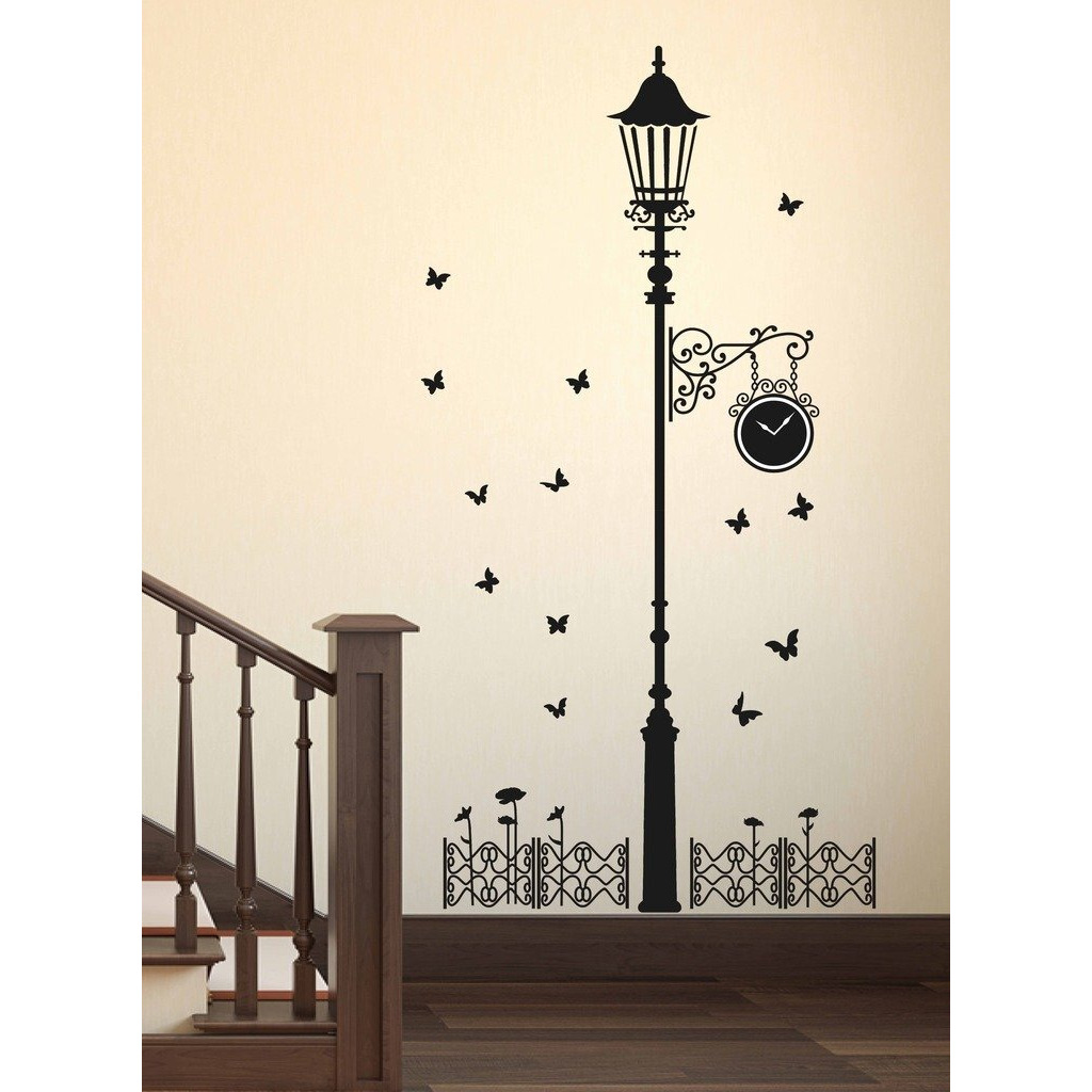 Decals Design 'Black Antique Street Lamp With Butterflies' Wall Sticker (Pvc Vinyl, 60 Cm X 90 Cm X 1 Cm, Black)