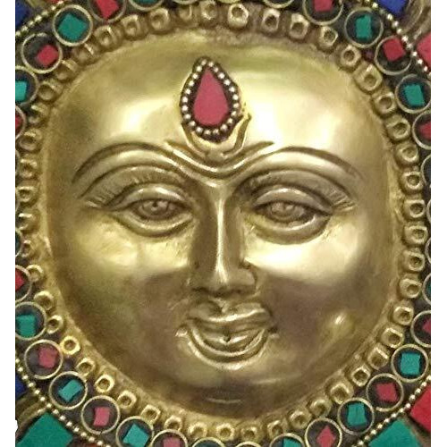 Purpledip Brass Idol Sun God Surya Dev Wall Hanging With Colorful Gemstones (11447)