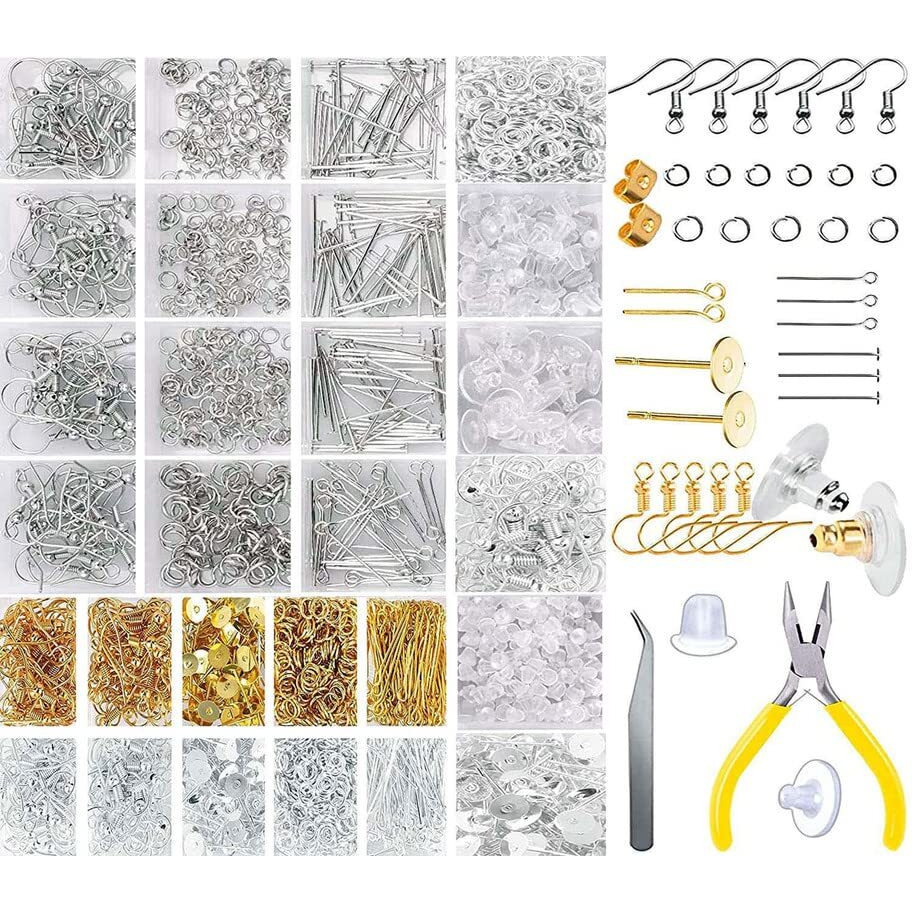Diy Crafts 500 Grm, Bright Silver, Earring Making Earring Hooks Open Jump Rings Earring Backs Head Eye Pins Tweezers Pliers Opener For Necklace Earring Bracelet Jewelry Ma(500 Grm, Bright Silver)