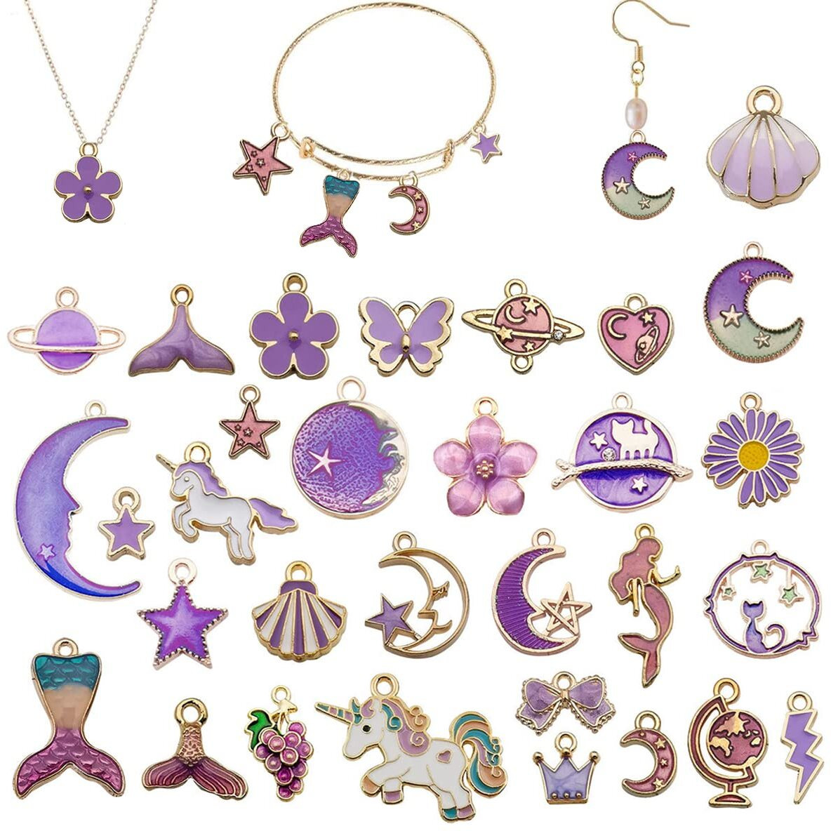 Maycreate 31Pcs Gold Plated Enamel Pendants Set Necklace Bracelet Charms For Diy Jewelry Making Charms And Crafting, Unicorn Moon Star Flower Fish Shell Pendant Kit (Purple)