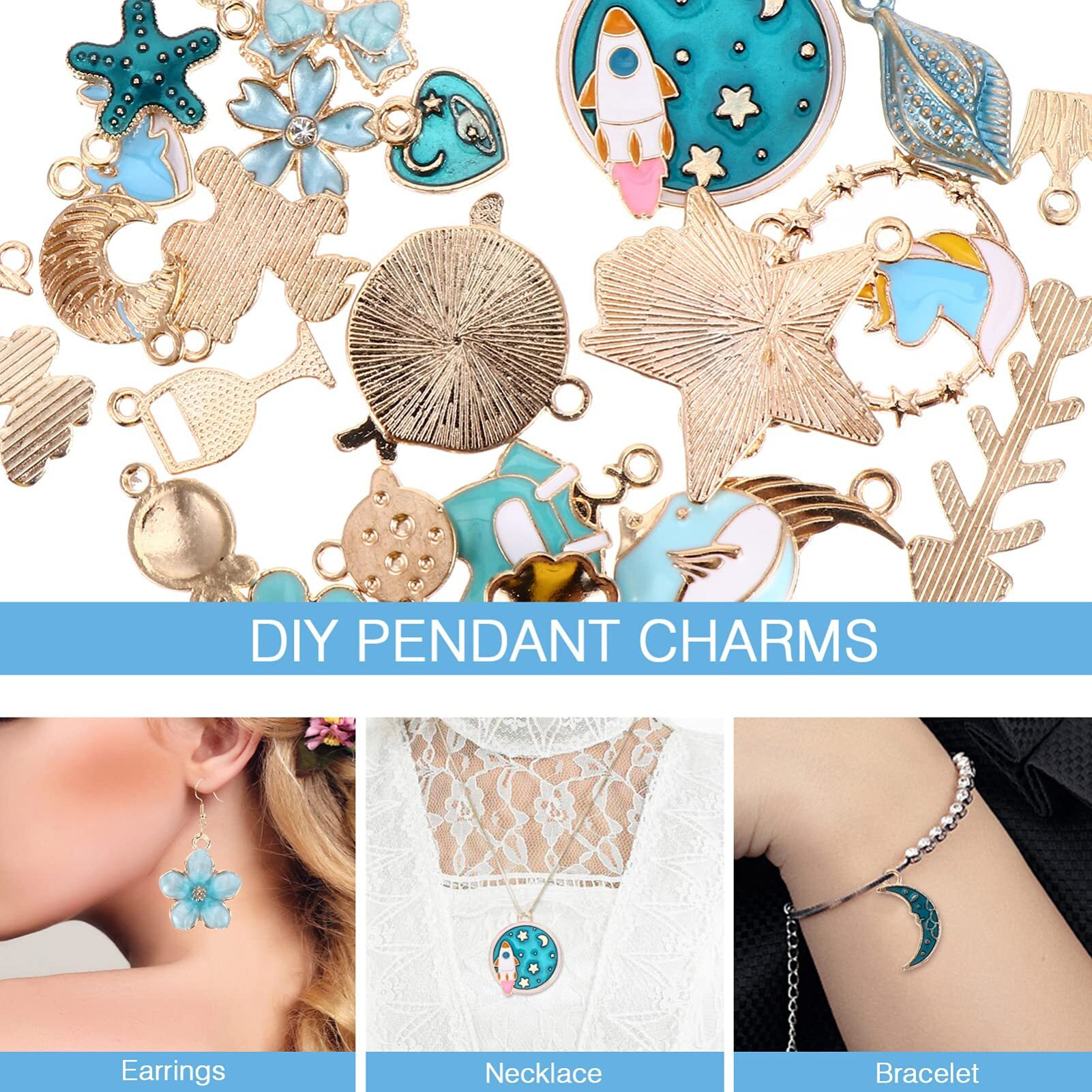 Heallily 1 Set 31Pcs Diy Enamel Charm Flower Fish Shell Moon Star Pendant Diy For Necklace Bracelet Jewelry Making And Crafting Charms - Blue
