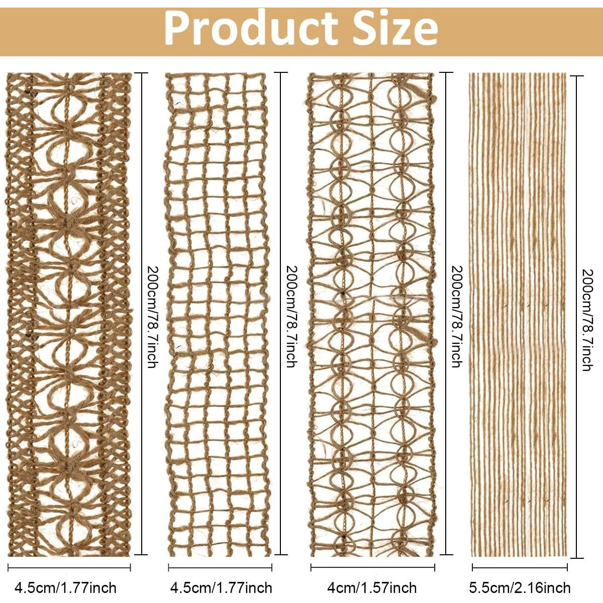 Patpat Jute Burlap Ribbon, 4 Rolls 6.6Ft Jute Rope For Craft, Creative Diy Ribbons For Gift Wrapping, Diy Project, Event & Wedding Decorations, Natural Fabric Roll Craft Decoration Lace
