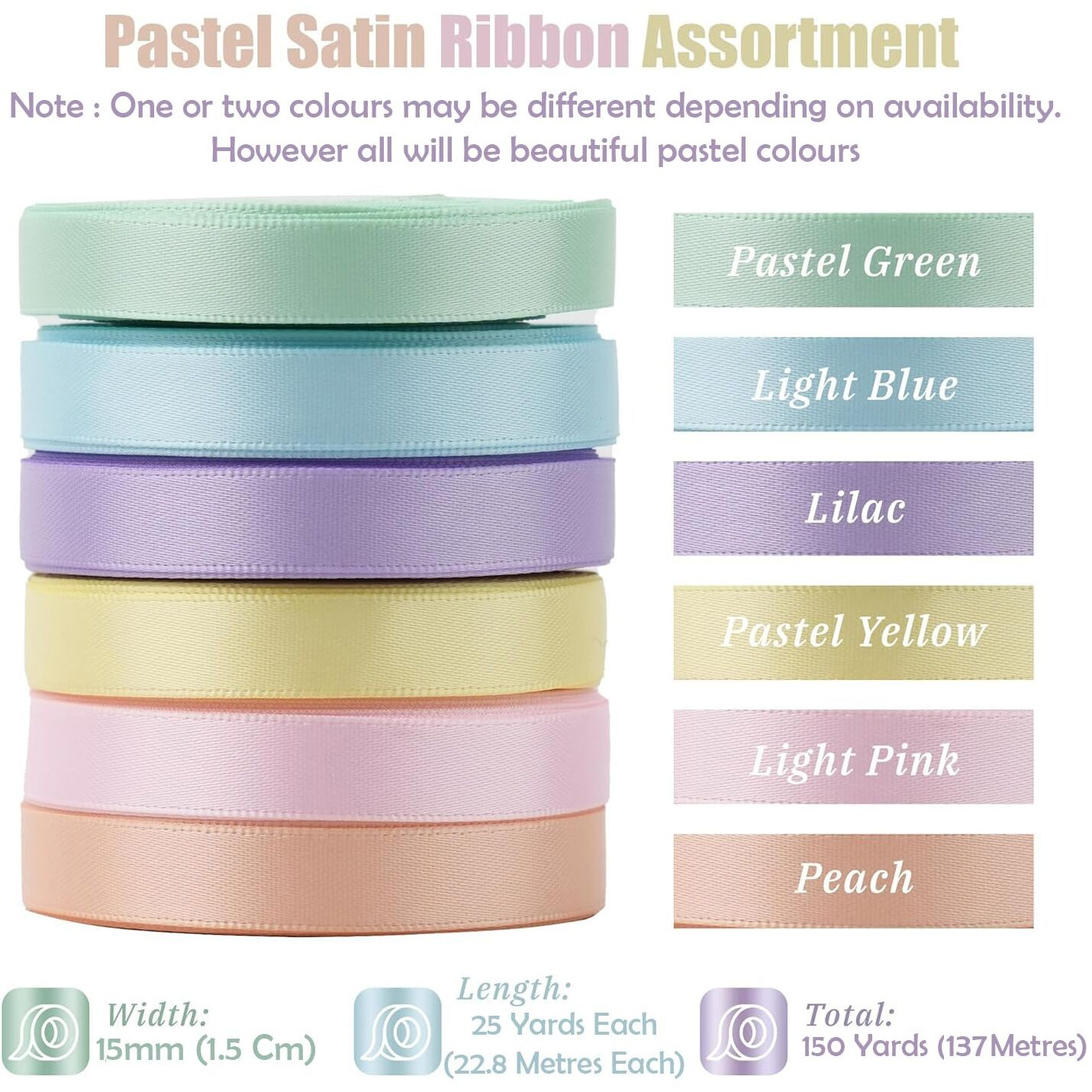 Store 2508 6 Rolls Pastel Rainbow Satin Ribbon Assortment - 15Mm X 22.8M Each, Total 150 Yards (137 Metres) - Multicolour, Polyester, Multiple Occasions, Contemporary Style