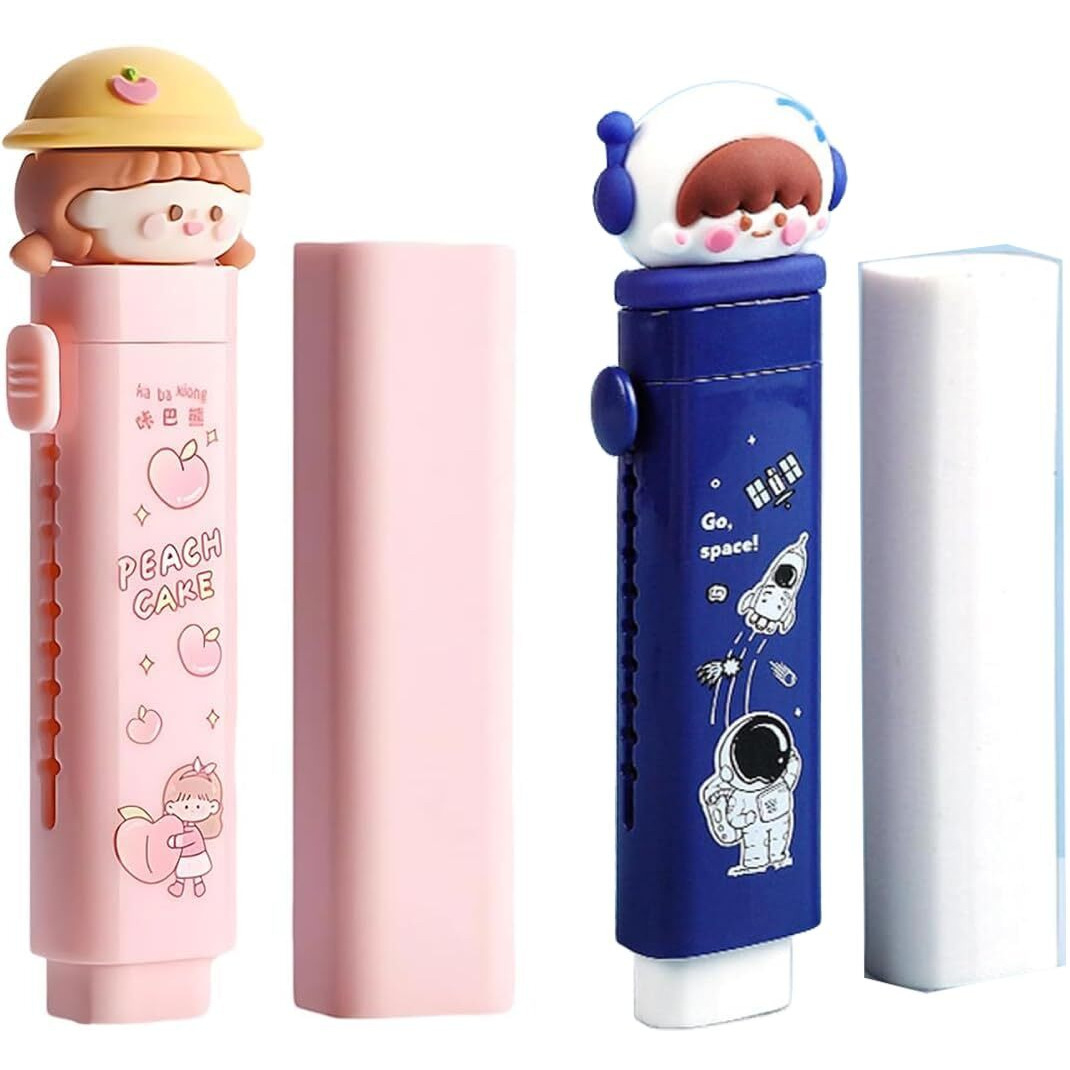 Technochitra Cartoon Push Eraser Set  2 Retractable Erasers With Extra Refills  Fun & Long-Lasting For Kids & Students