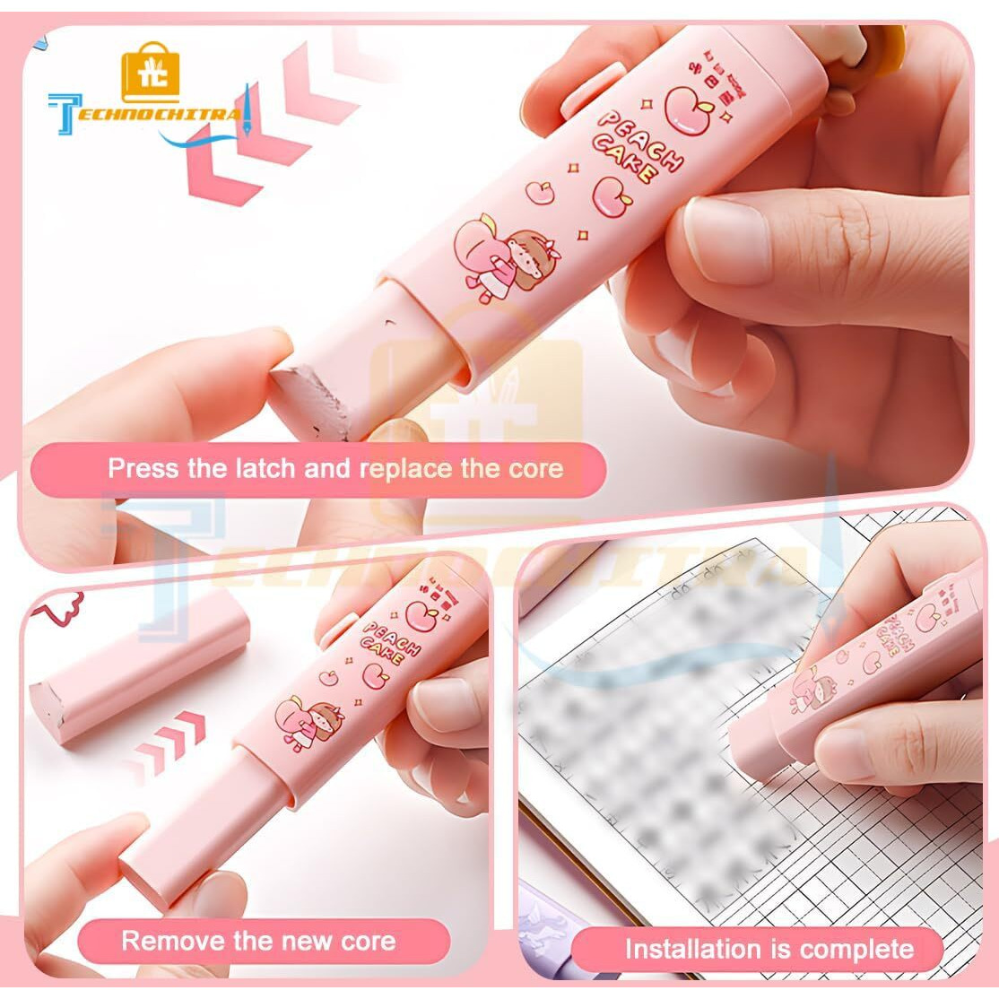 Technochitra Cartoon Push Eraser Set  2 Retractable Erasers With Extra Refills  Fun & Long-Lasting For Kids & Students
