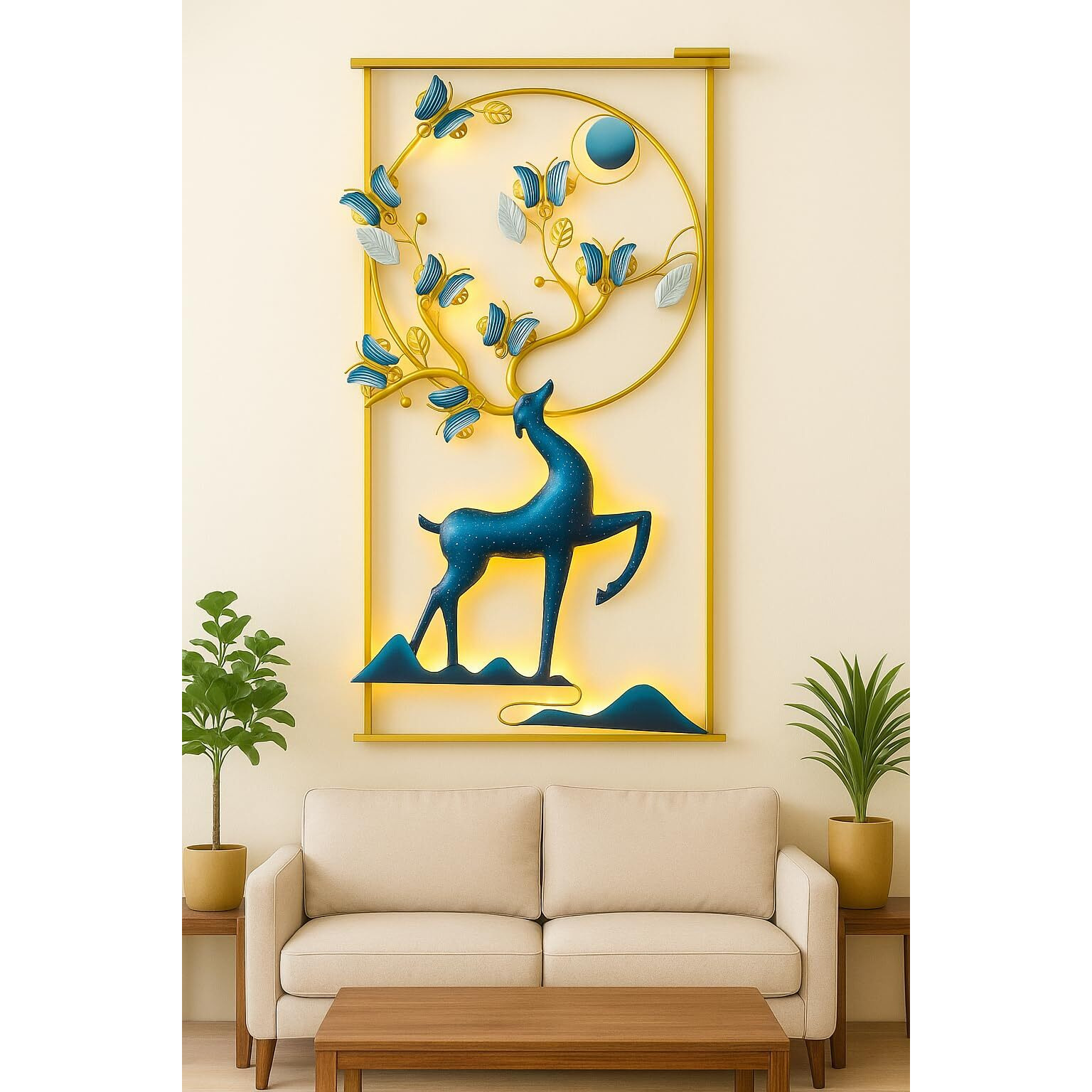 Rsn Wall Art Deer And Butterfly Metal Frame With Led, Wall Sculpture For Living Room, Bedroom, Office Decoration Wall Hanging For Home Decorative-A2