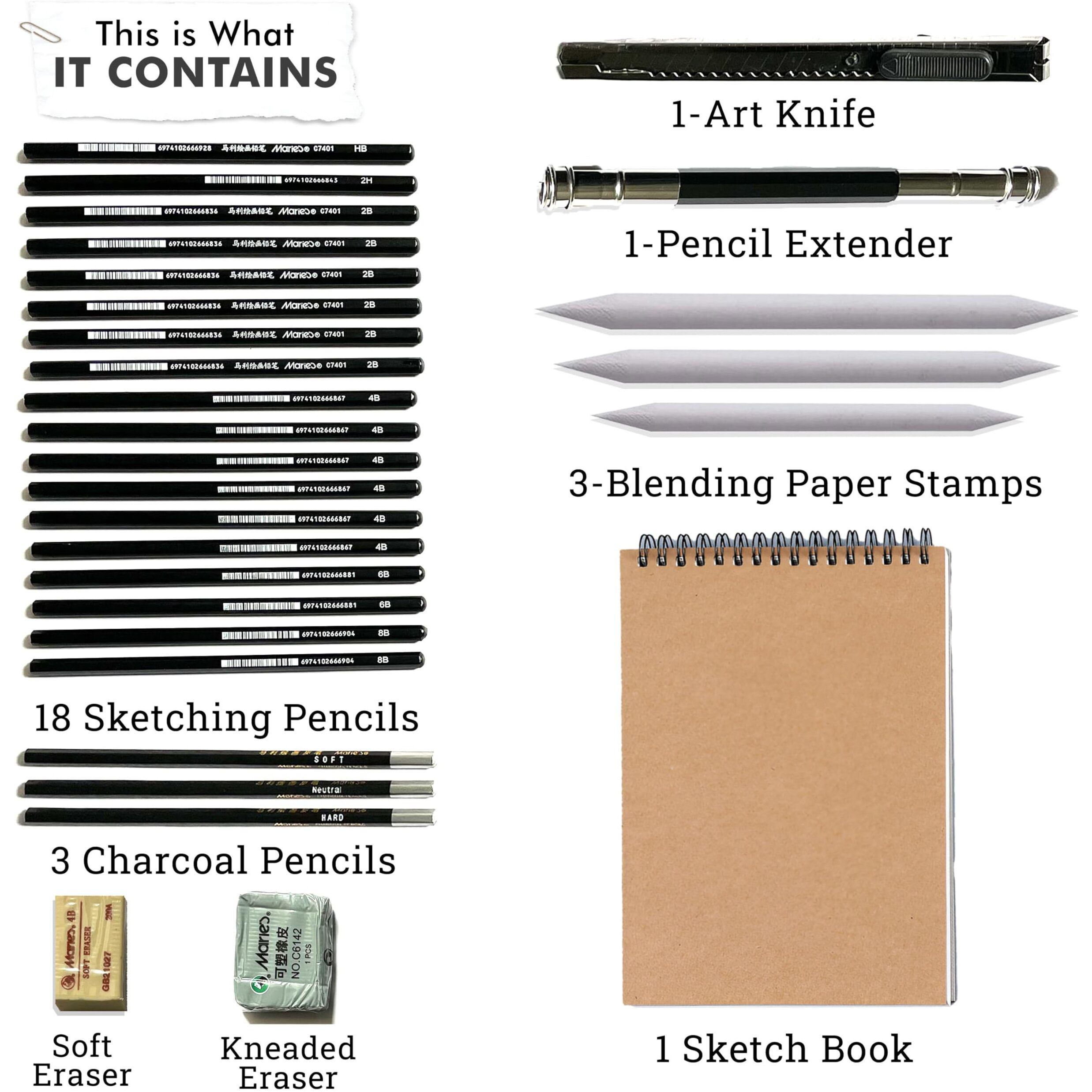 Kraptick Sketch Pencil Set - Drawing & Shading Pencils, Charcoal Pencils, Sketching Book - Perfect For Adult Artists - Yellow, Unisex, All Seasons