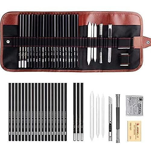 Darkness 29 Pieces Professional Sketching & Drawing Art Tool Kit With Graphite Pencils, Charcoal Pencils, Paper Erasable Pen, Craft Knife-Lightwish (With Canvas Rolling Pouch)