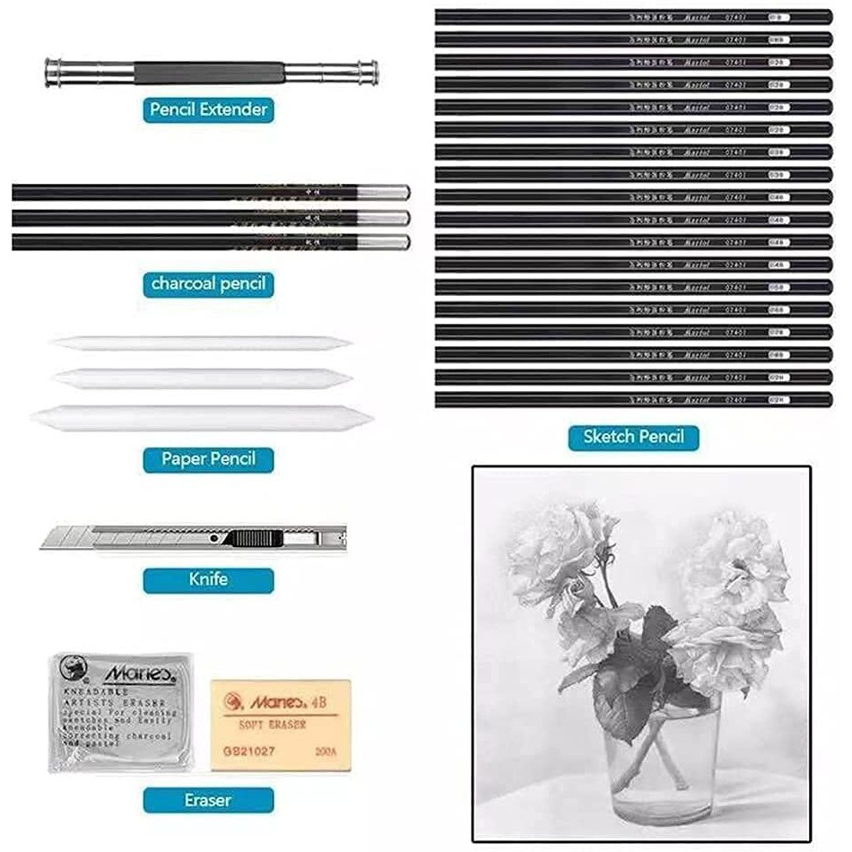 Darkness 29 Pieces Professional Sketching & Drawing Art Tool Kit With Graphite Pencils, Charcoal Pencils, Paper Erasable Pen, Craft Knife-Lightwish (With Canvas Rolling Pouch)