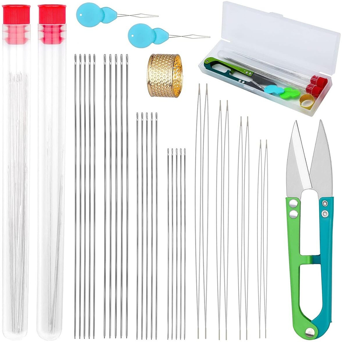 Hasthip 28Pcs Beading Needles Set, 20 Pcs Long Straight Beading Thread Needles And 8 Pcs Big Eye Beading Needles With Needle Bottle, Thimble, Needle Threaders For Bracelets And Jewelry Making