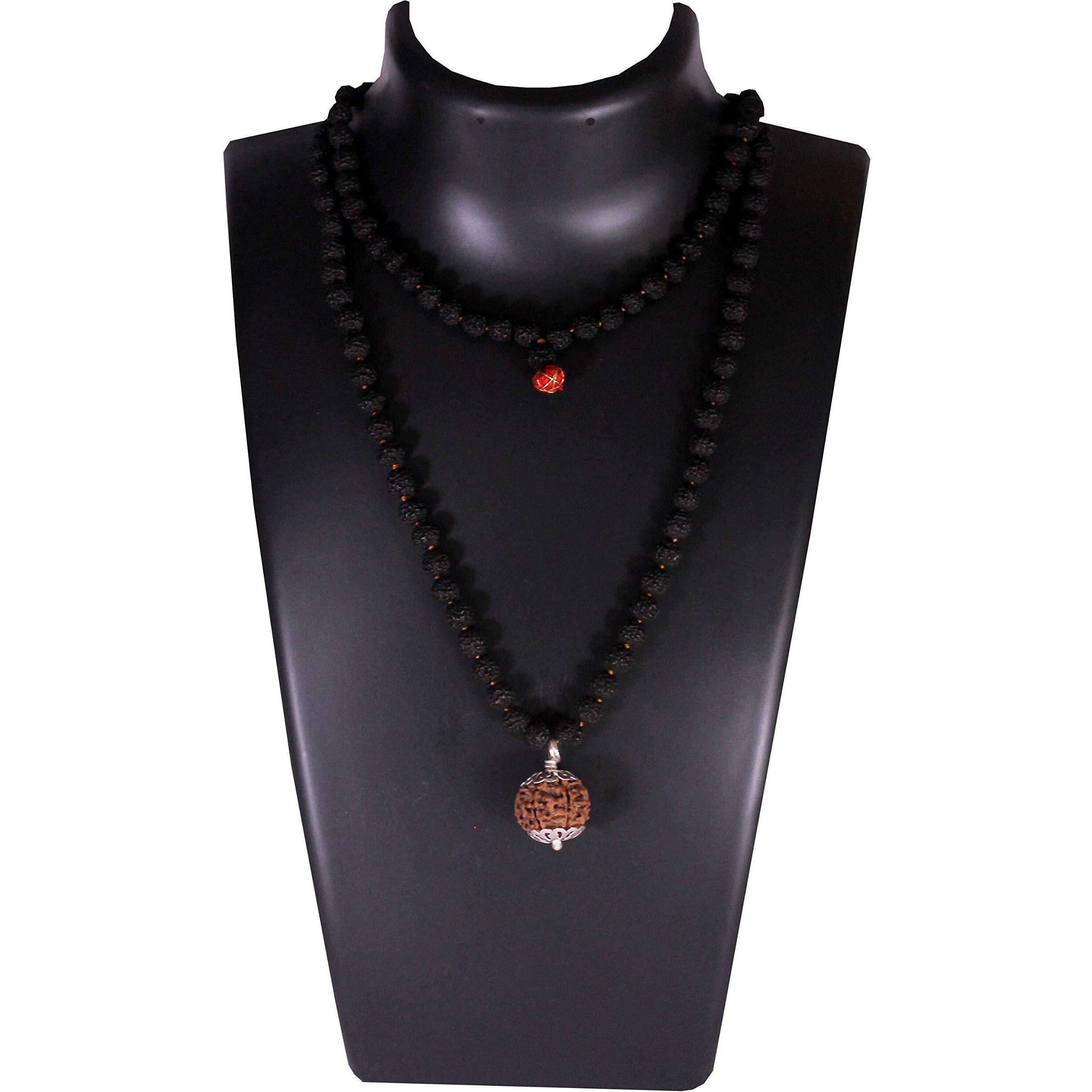 Shivaratna 6 Mukhi Nepali Rudraksha Guru Mani With 108+1 Beads Of Five Mukhi Black Rudraksha Mala (Pure Silver Cap + Lab Certified)