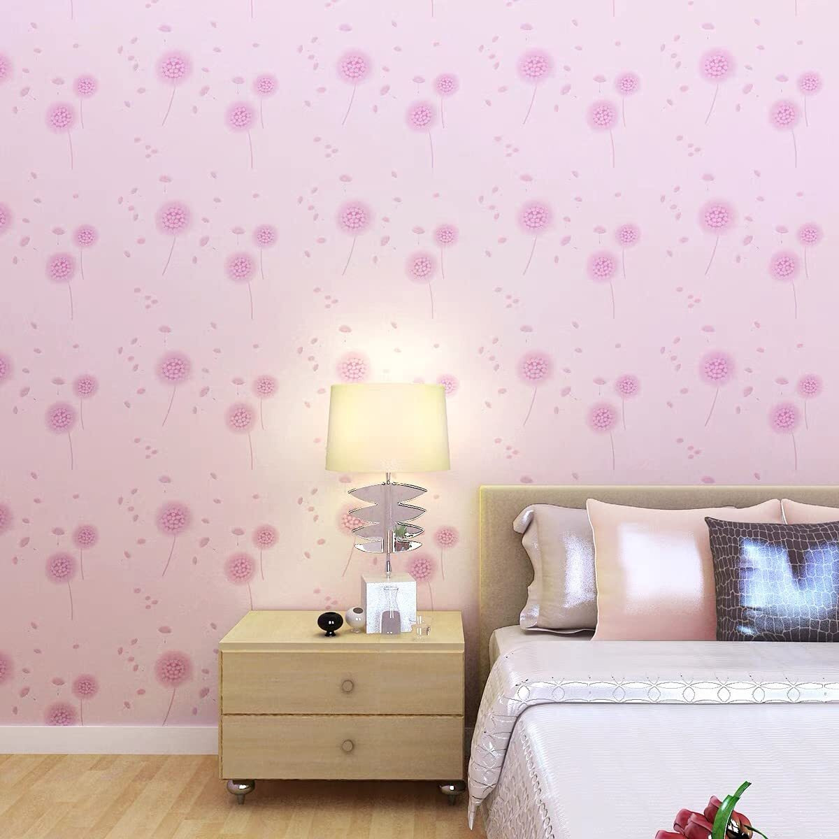 Wolpin Wall Stickers Pvc Wallpaper Hall Decor (45 X 500 Cm) Pink Dandelion Diy Home Decoration Self Adhesive Flowers, Pink