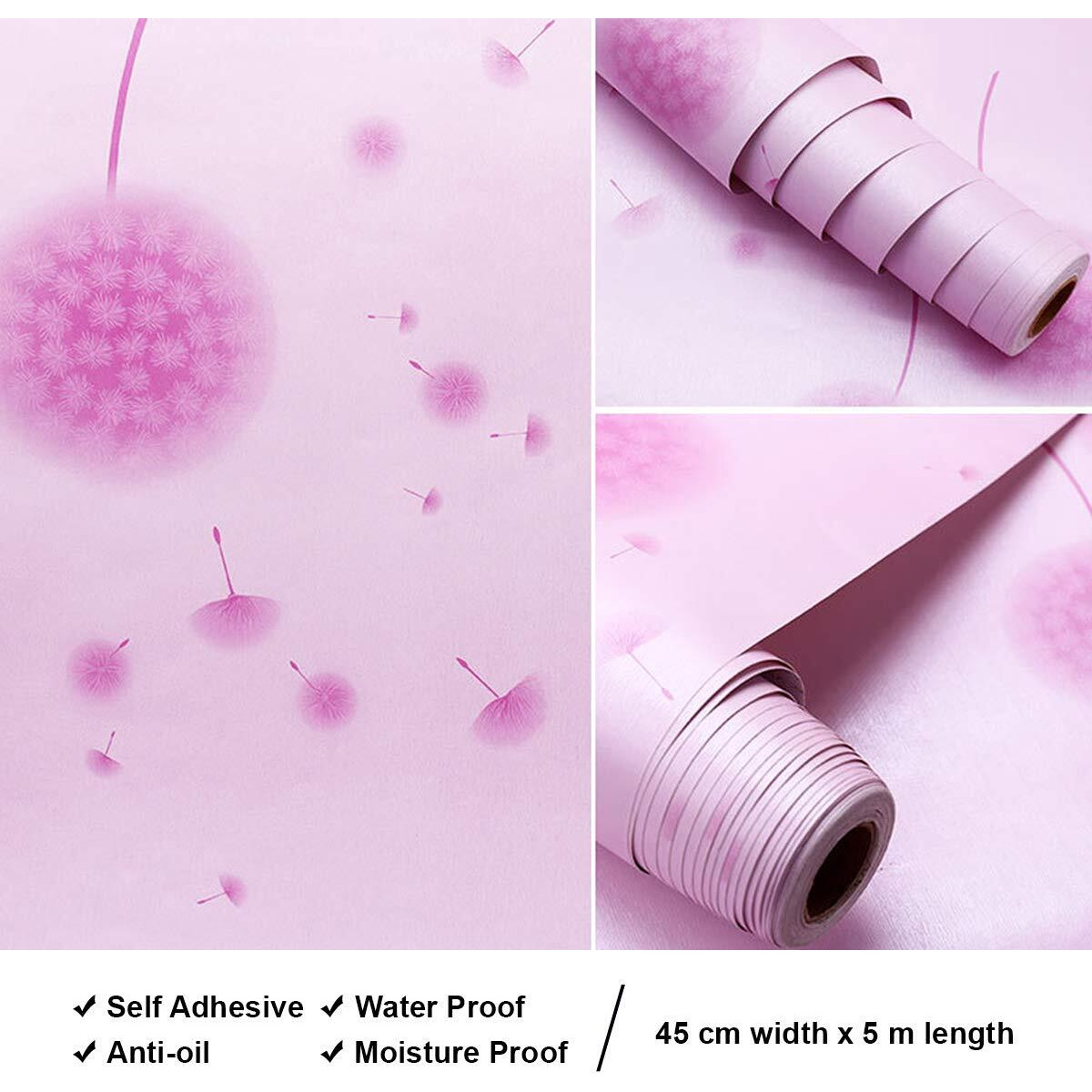 Wolpin Wall Stickers Pvc Wallpaper Hall Decor (45 X 500 Cm) Pink Dandelion Diy Home Decoration Self Adhesive Flowers, Pink