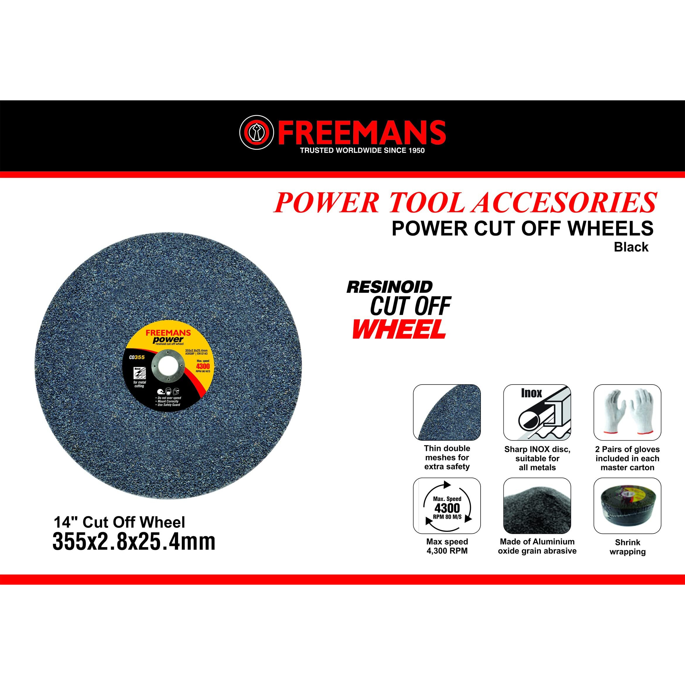 Freemans 14-Inch Power Black Cut Off Wheels-(Set Of 25 Pieces) | Made Of Aluminium Oxide Grain Abrasive|Use For Cutting Of Metals, Steel, Stainless Steel, Cast Iron, And Ferrous Metals