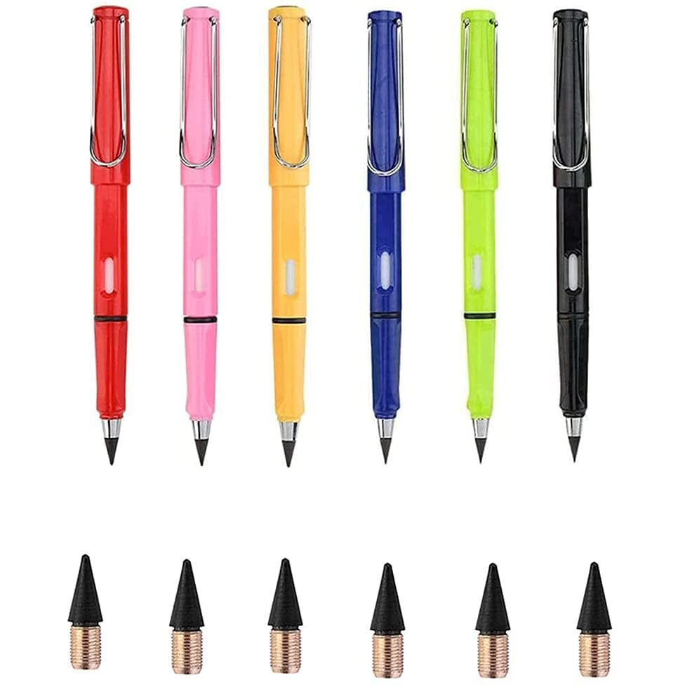 Kidwill Set Of 6Pcs Inkless Pencil, Everlasting Pencil With Eraser, Infinity Reusable Magic Pencils For Writing & Drawing With Extra 6 Eraser And 3 Replaceable Nibs For Home, Office, School Supplies
