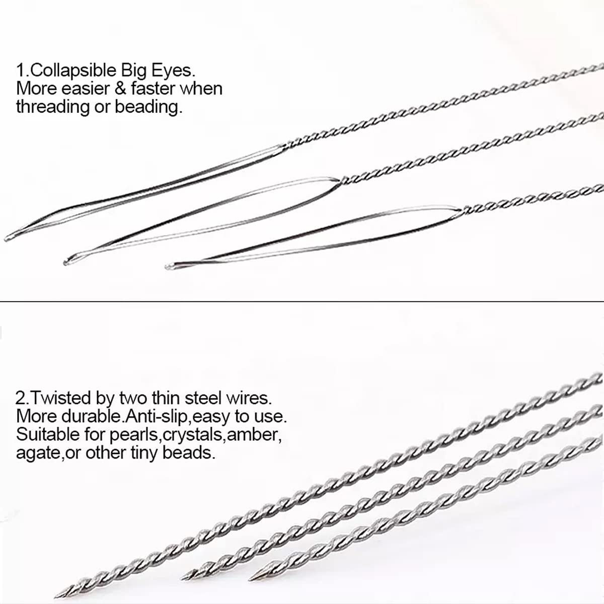 Embroiderymaterial 3 Pcs Stainless Steel Collapsible Eye Beading Needles For Embroidery Beading Purpose (3 Sizes Combo)