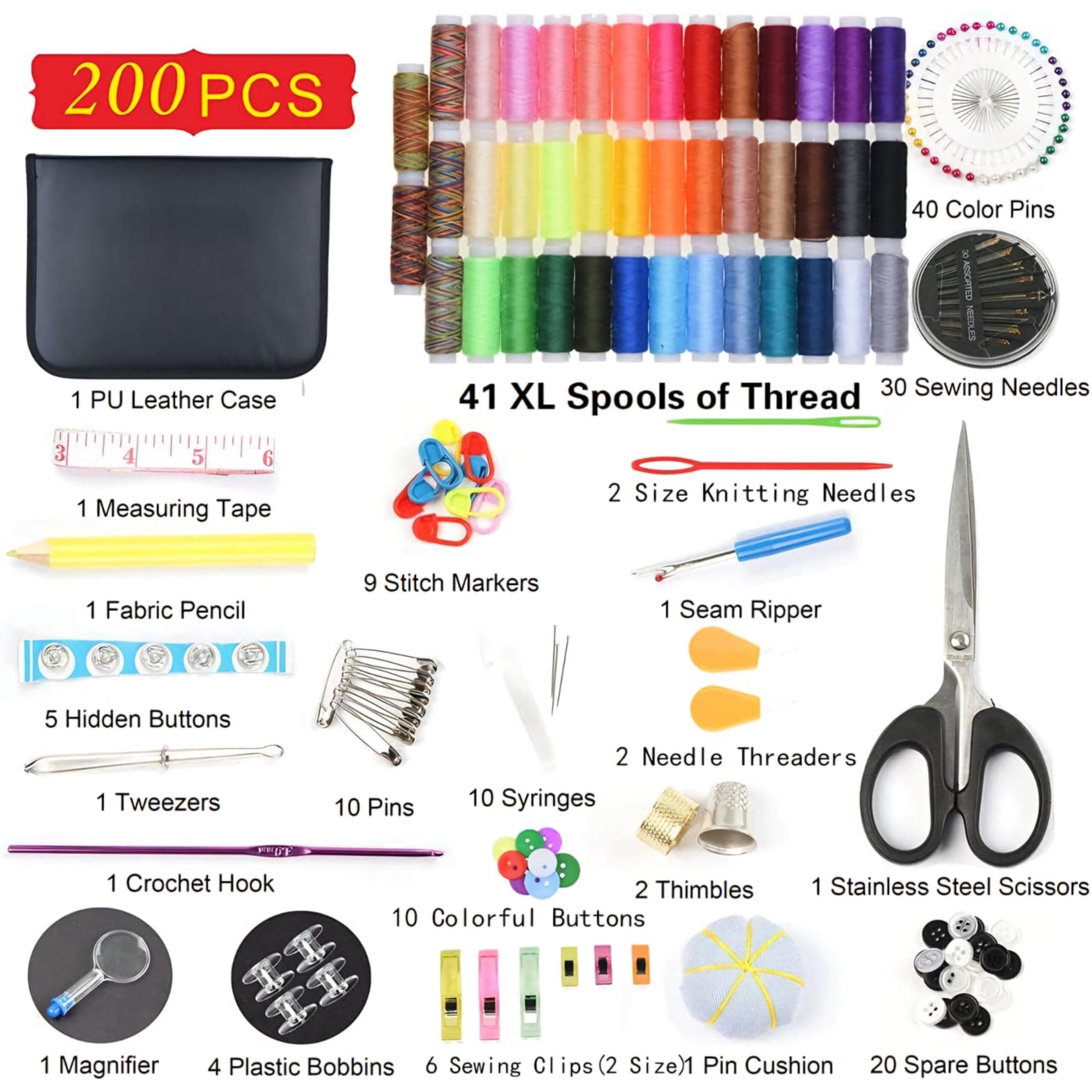 Rianz 200 Pcs Sewing Kit For Adults, Needle And Thread Kit For Sewing,Professional Sewing Supplies Accessories With Tailor Scissors, 43Xl Thread, 30 Needles, Thread Snips And More For Travel Home Beginners (Style - 1)