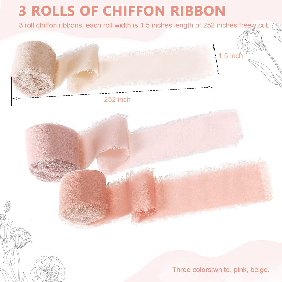 Hasthip 3 Rolls Chiffon Ribbons Set Fringe Fabric Silk-Like Ribbons For Gifts Wrapping, Wedding Invitations, Party Decoration, Bridal Bouquets, Diy Craft - 1.5" X 7Yd Per Roll