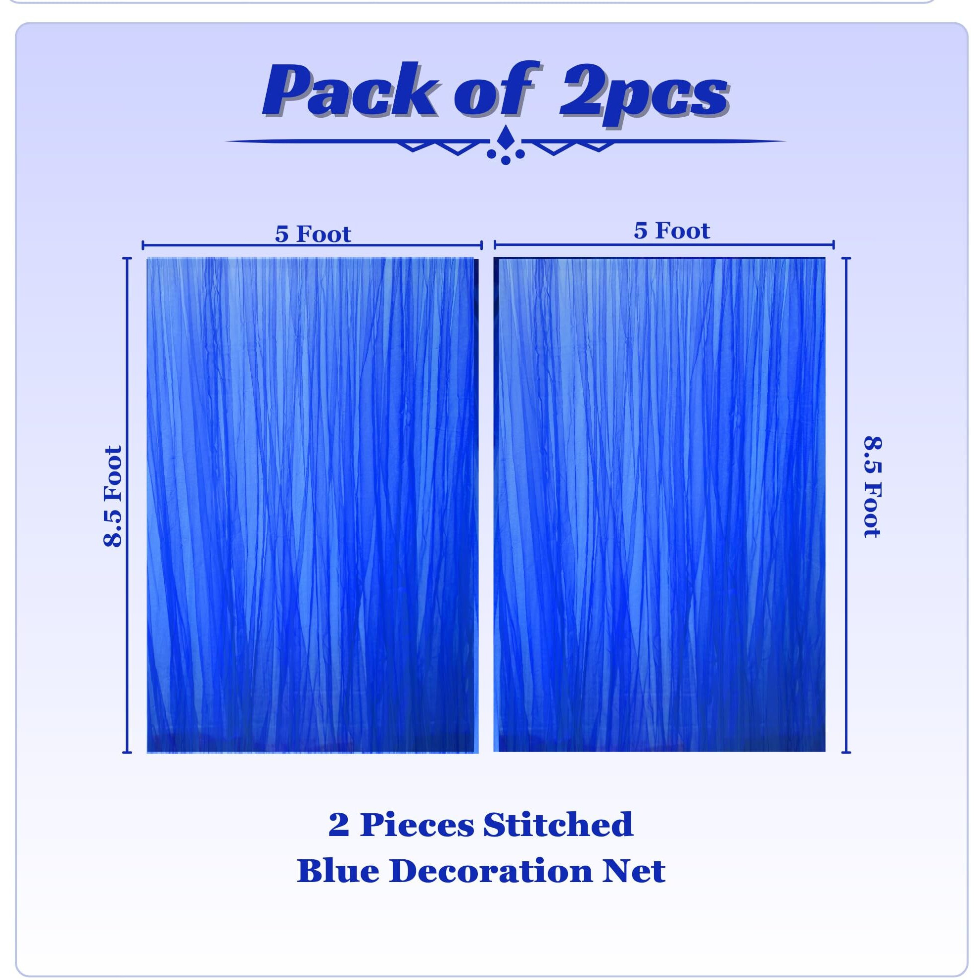 1Iam 2Pcs Blue Decoration Net Curtains - Large Size, Stitched With Ribbon, Nylon Made, Reusable, Soft, Wrinkled Free, 8.5X5Ft Each, Backdrop Net For Birthday, Anniversary Party Decoration