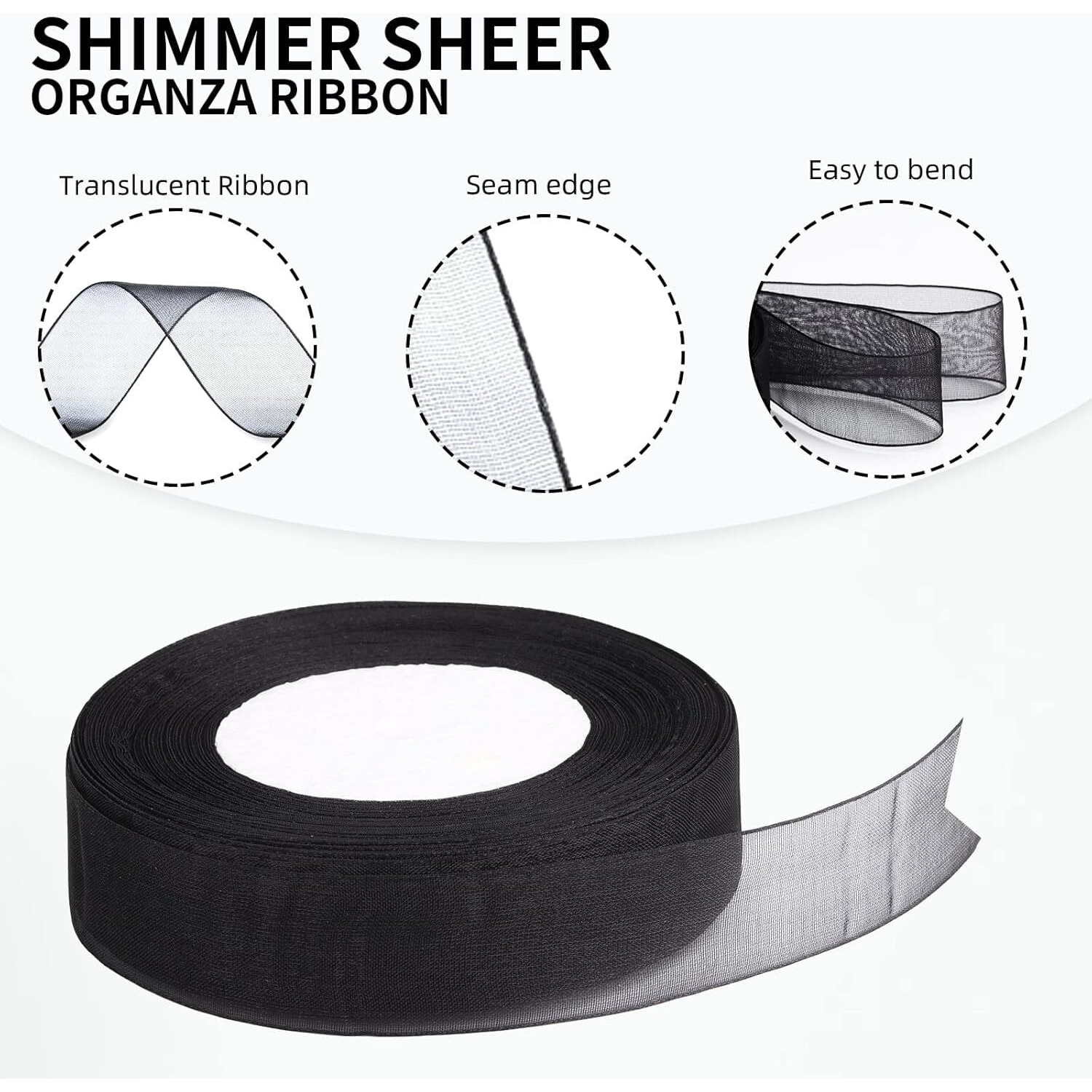Imprint Sheer Organza Chiffon Ribbon, 1 Inch Wide, 35 Metre Length, Black