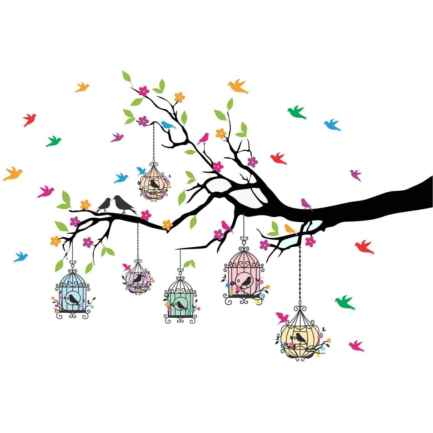 Sticker Yard Pvc Vinyl Tree And Flowers Self-Adhesive Wall Sticker Size 127X84Cms