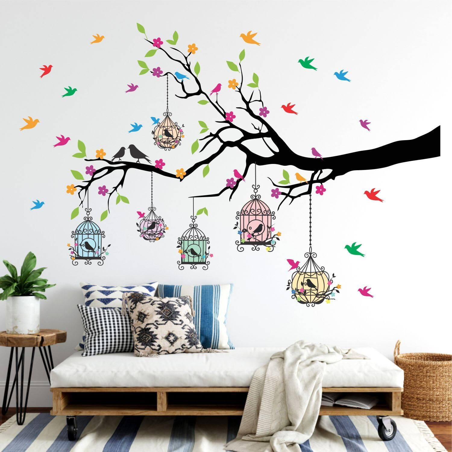 Sticker Yard Pvc Vinyl Tree And Flowers Self-Adhesive Wall Sticker Size 127X84Cms