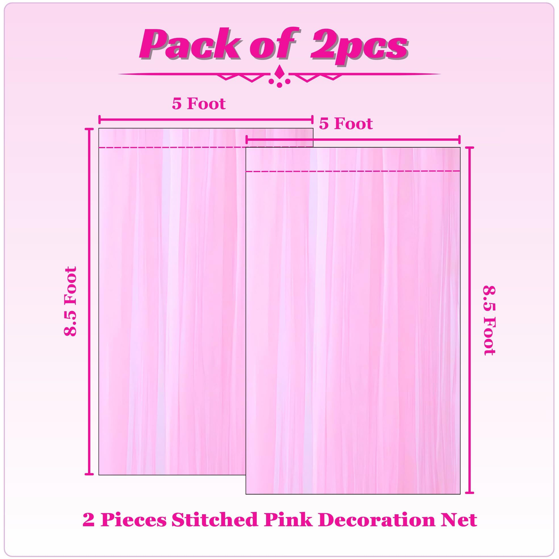 1Iam 2Pcs Pink Decoration Net Curtains - Large Size, Stitched With Ribbon, Nylon Made, Reusable, Soft, Wrinkled Free, 8.5X5Ft Each, Backdrop Net For Birthday, Anniversary Party Decoration