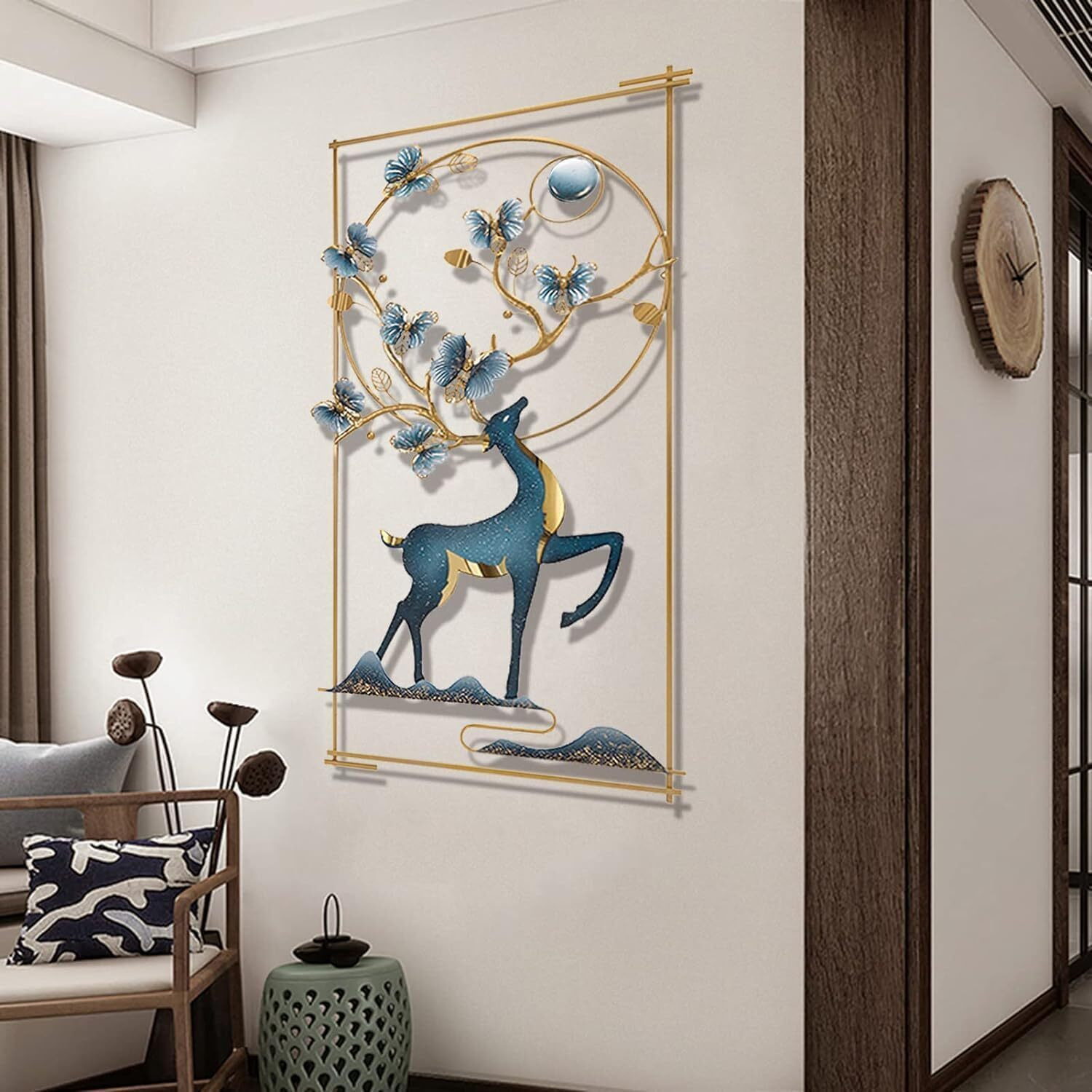 Anshika International Wall Art Deer And Butterfly Metal Frame With Led, Wall Sculpture For Living Room, Bedroom, Office Wall Hanging For Home Decorative-A2