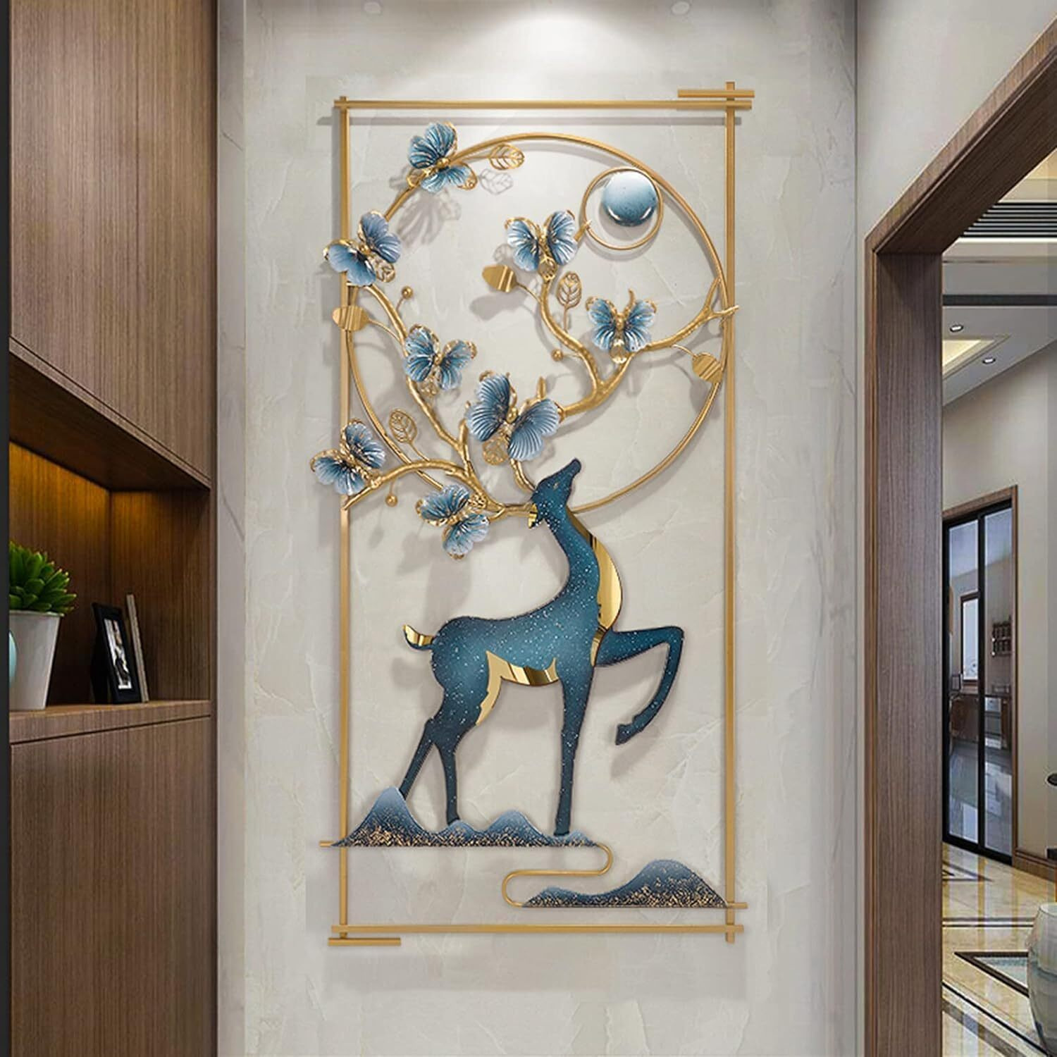 Anshika International Wall Art Deer And Butterfly Metal Frame With Led, Wall Sculpture For Living Room, Bedroom, Office Wall Hanging For Home Decorative-A2