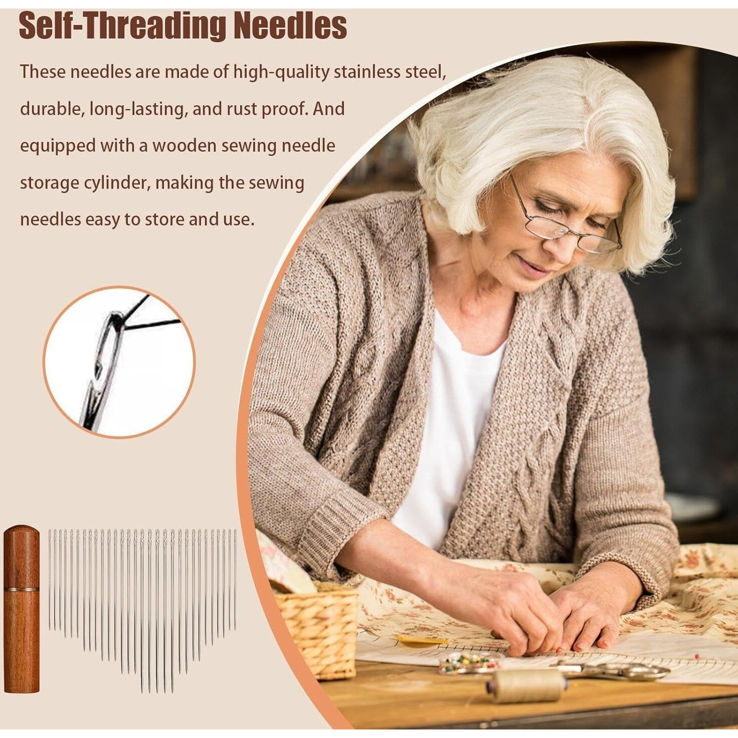 Tanna Enterprise 30Pc's Quilting Needle Self-Threading With Wooden Needle Case Long Quilting Needle Of Various Sizes Easy Self-Threading Quilting Needle For Quilting, Embroidery, Hand Sewing.