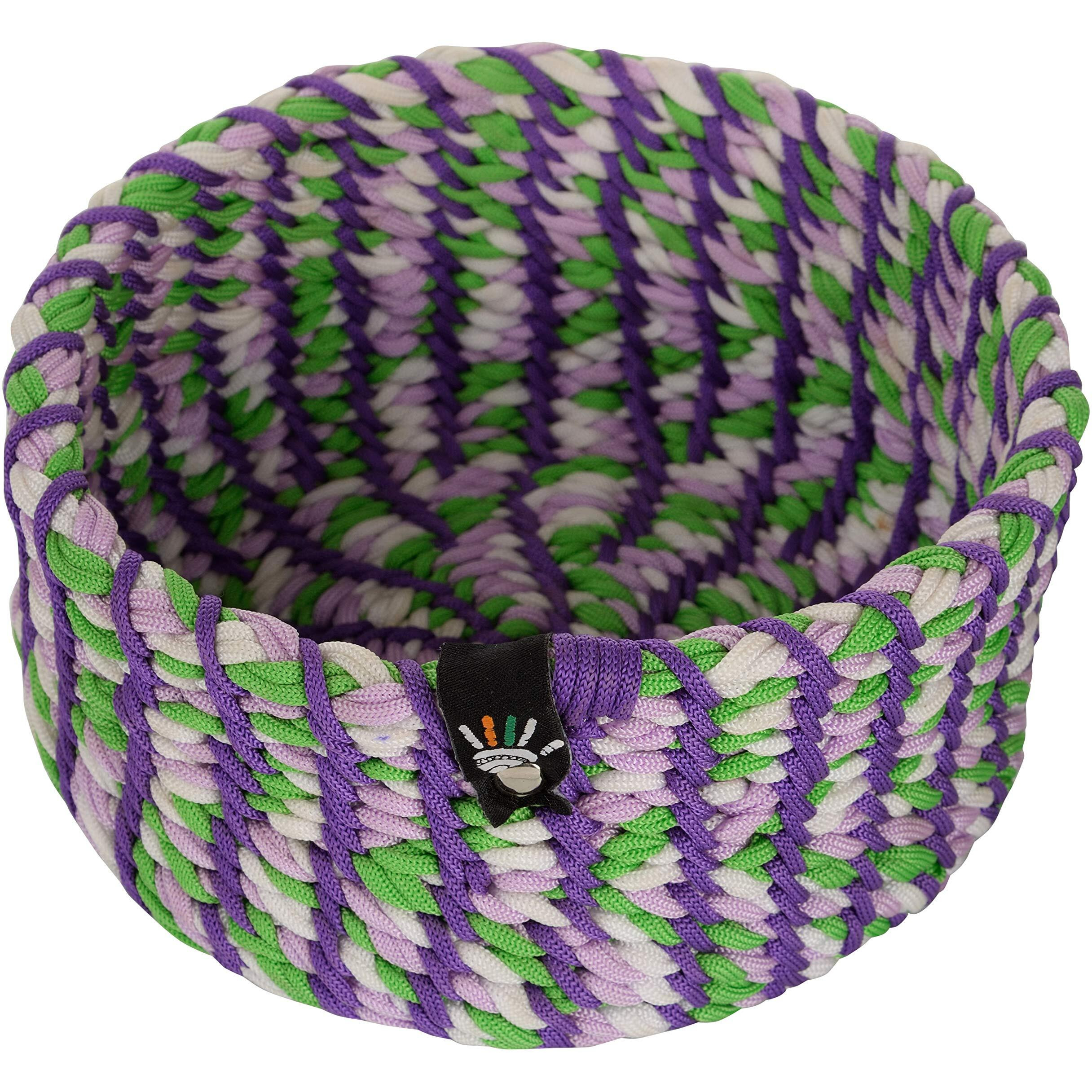 Happy Cultures Nylon Handmade Braided Macrame Decorative Basket (8 Inches X 8 Inches X 3.5 Inches) Multi-Purpose, Perfect For Decorations, Key Holder, Fruit Basket, Etc.