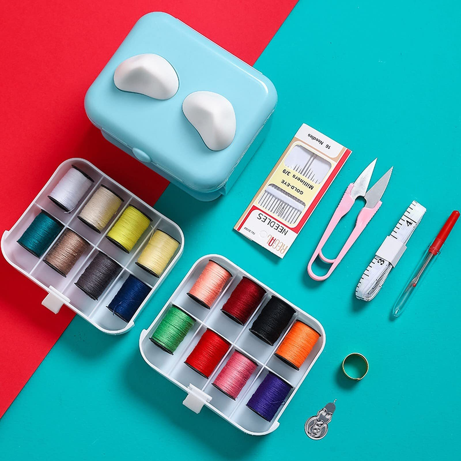 Wolpin 23 Pcs Sewing Kit | Sewing Stitching Supplies | Accessories 16 Pcs Thread Spools, Scissors, Thread Needles, Portable, Measuring Tape For Diy, Adults, Beginners, Emergency, Travel, Home Blue/Pink