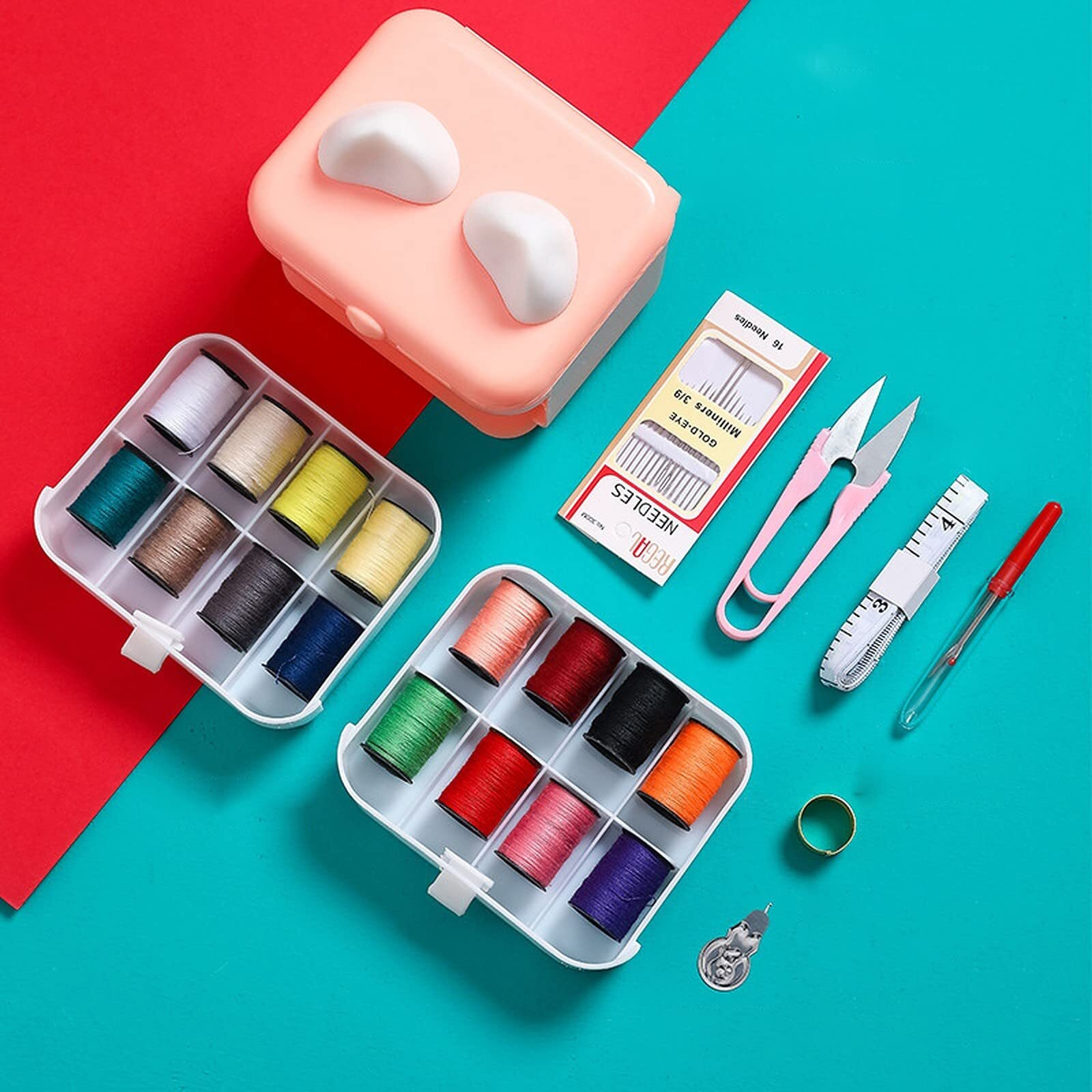 Wolpin 23 Pcs Sewing Kit | Sewing Stitching Supplies | Accessories 16 Pcs Thread Spools, Scissors, Thread Needles, Portable, Measuring Tape For Diy, Adults, Beginners, Emergency, Travel, Home Blue/Pink