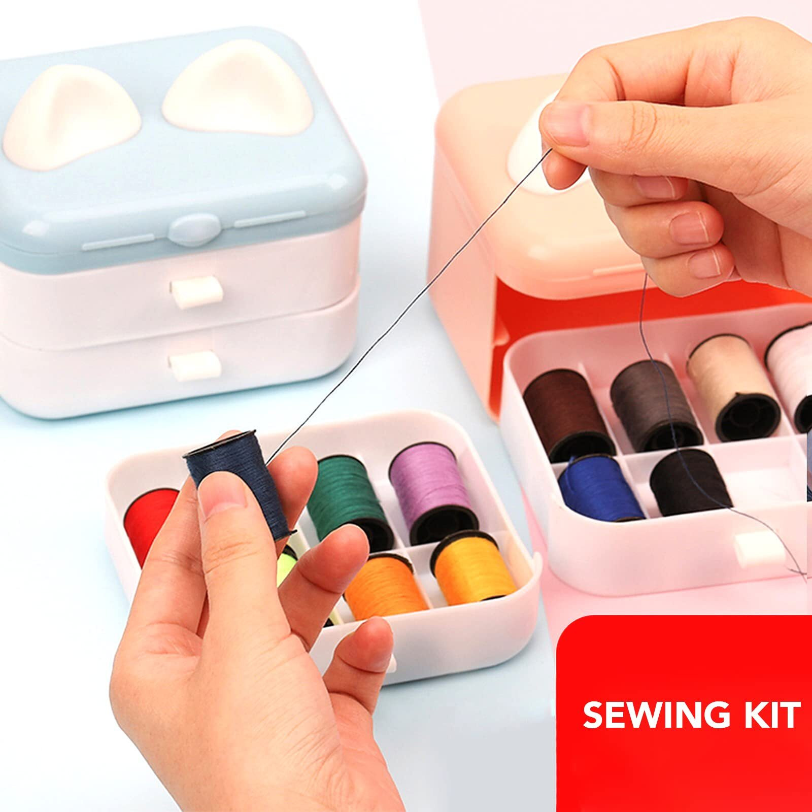 Wolpin 23 Pcs Sewing Kit | Sewing Stitching Supplies | Accessories 16 Pcs Thread Spools, Scissors, Thread Needles, Portable, Measuring Tape For Diy, Adults, Beginners, Emergency, Travel, Home Blue/Pink