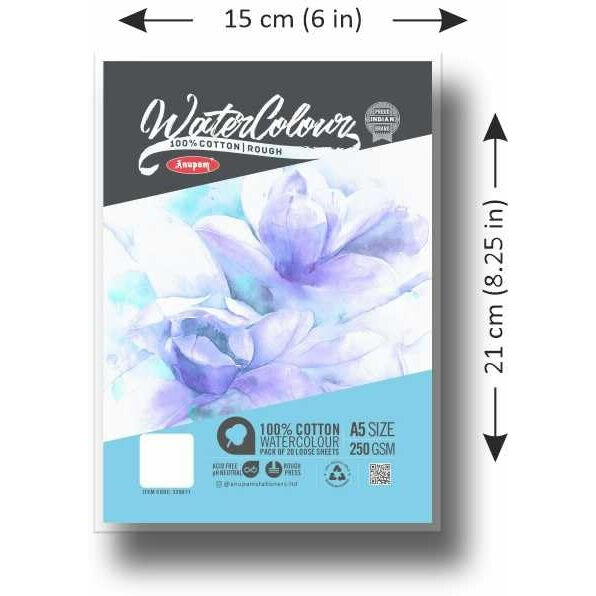 Anupam 100% Cotton Watercolour Paper Loose Sheets - Natural White - Rough Press Paper - 250 Gsm - 20 Sheets - A5