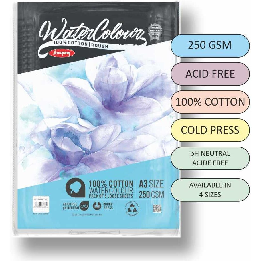 Anupam 100% Cotton Watercolour Paper Loose Sheets - Natural White - Rough Press Paper - 250 Gsm - 20 Sheets - A5