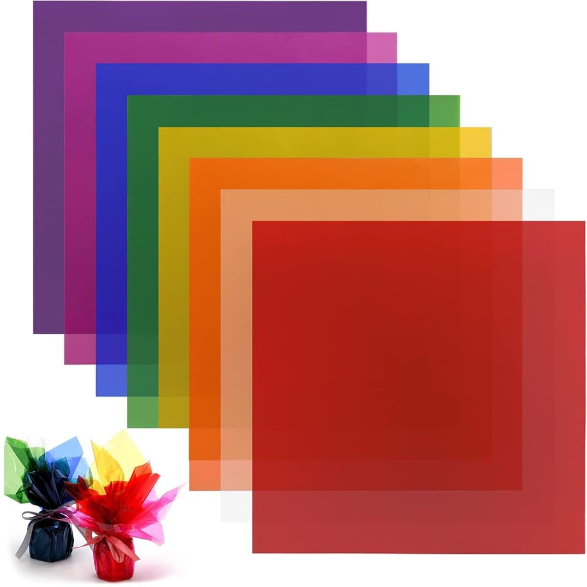 Hasthip 120Pcs Gift Wrapping Paper - 7.5 Inches Square Cellophane Sheets For Gift Wrap, 8 Colors, Glossy Food-Safe Wrappers For Candy, Cookies & Crafts