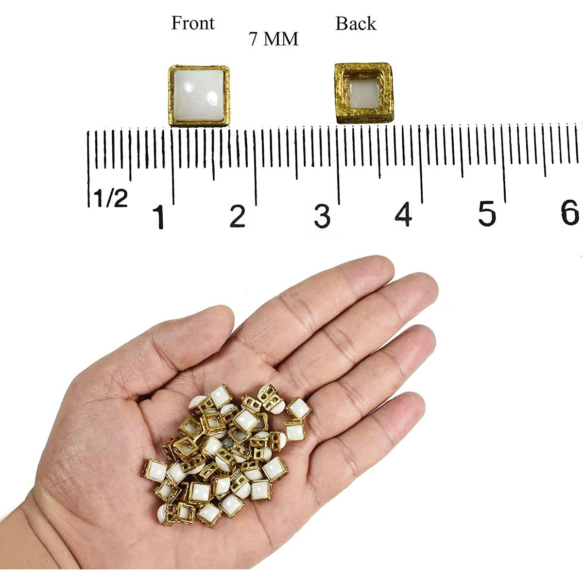 Embroiderymaterial Kundan Stones Beads Flat Back Kundan Rhinestones In Raised Setting For Jewellery Making & Embroidery In Pearl White Color Square Shape-7Mm-25 Pieces