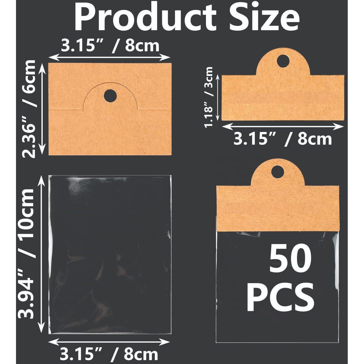 Zenomia Paper Jewelry Package Bags With Kraft Hanging Cards Small Business, Hanging Display Cards, Bracelet, Earring, Keychain, Brown 50Pcs(3.14X2.36In)