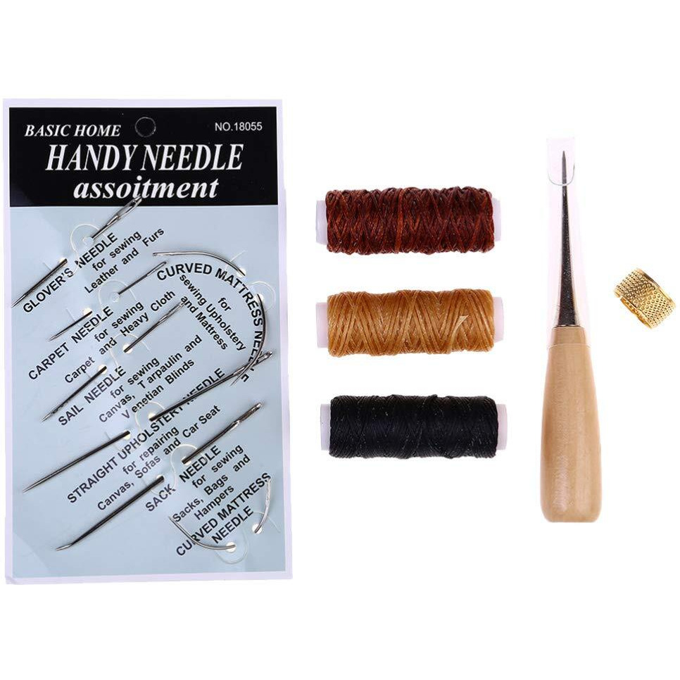 Heallily 12 Pcs/Set Leather Craft Sewing Kit With Copper Thimble Wax Threads Awl Needles Leather Working Tools For Leather Craft Diy Supplies