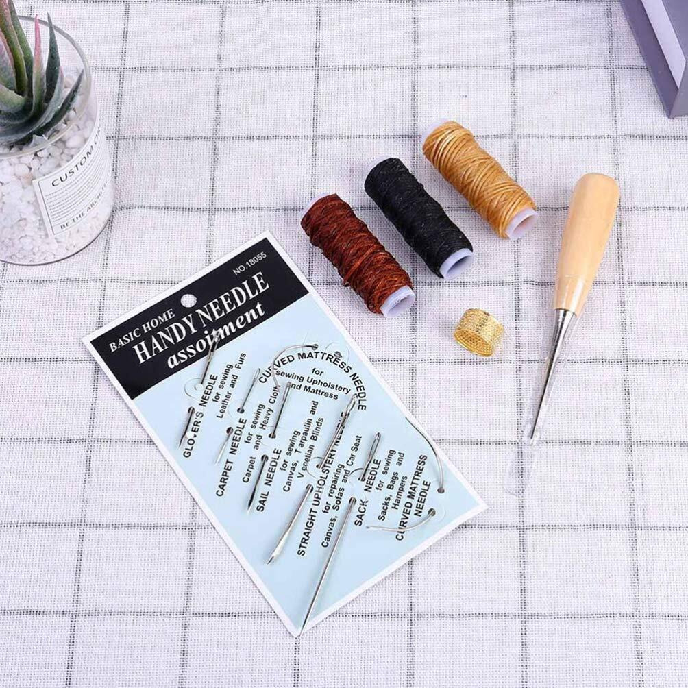Heallily 12 Pcs/Set Leather Craft Sewing Kit With Copper Thimble Wax Threads Awl Needles Leather Working Tools For Leather Craft Diy Supplies