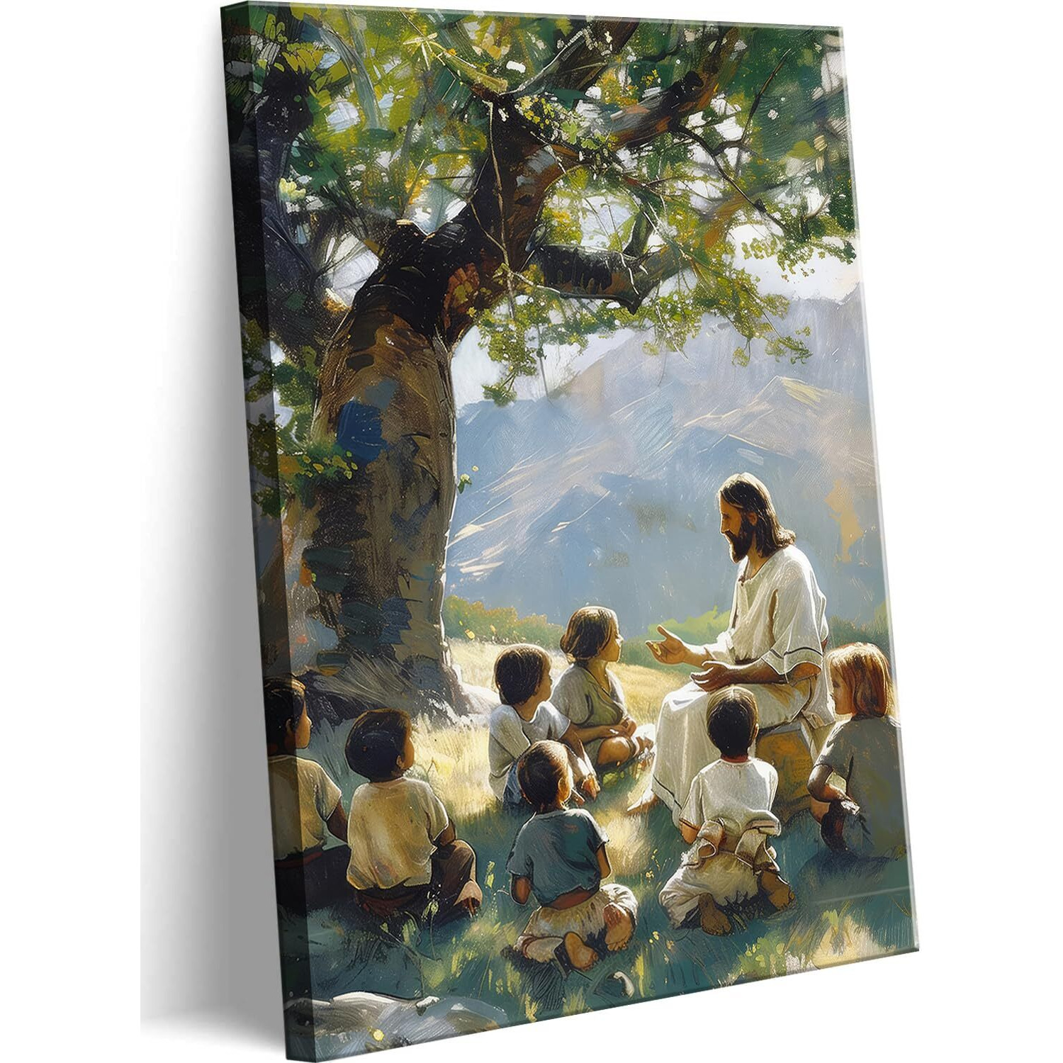 Jesus Teaching Children Canvas Wall Art Christian Jesus With Children Poster Print Religious Faith Wall Decor Pictures For Living Room Bedroom Church Decoration, 12X16In
